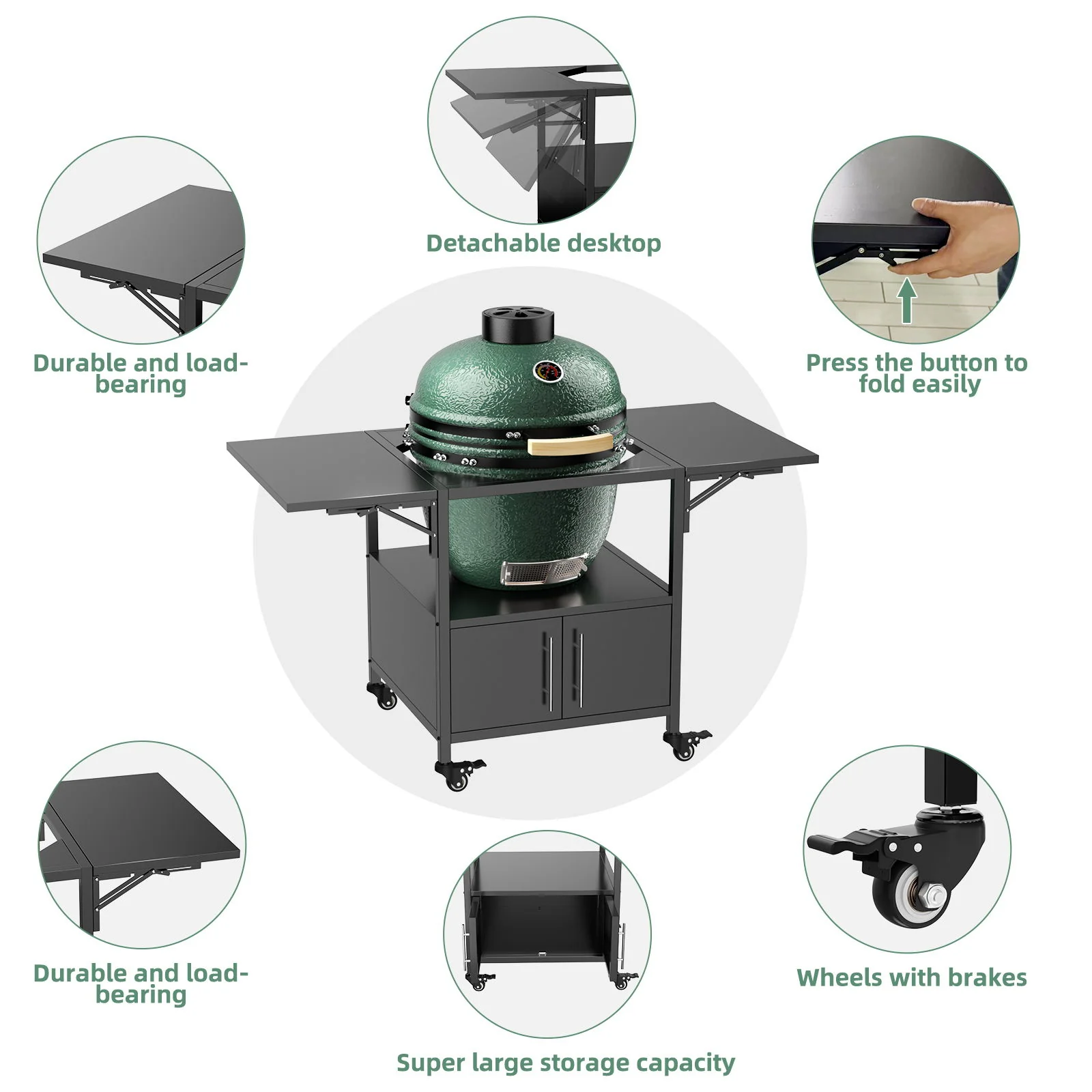 Outdoor Grill Table For Big Egg Style Bbq Metal Grill Cart With 2 Folding Panels Metal - Black - Image 8
