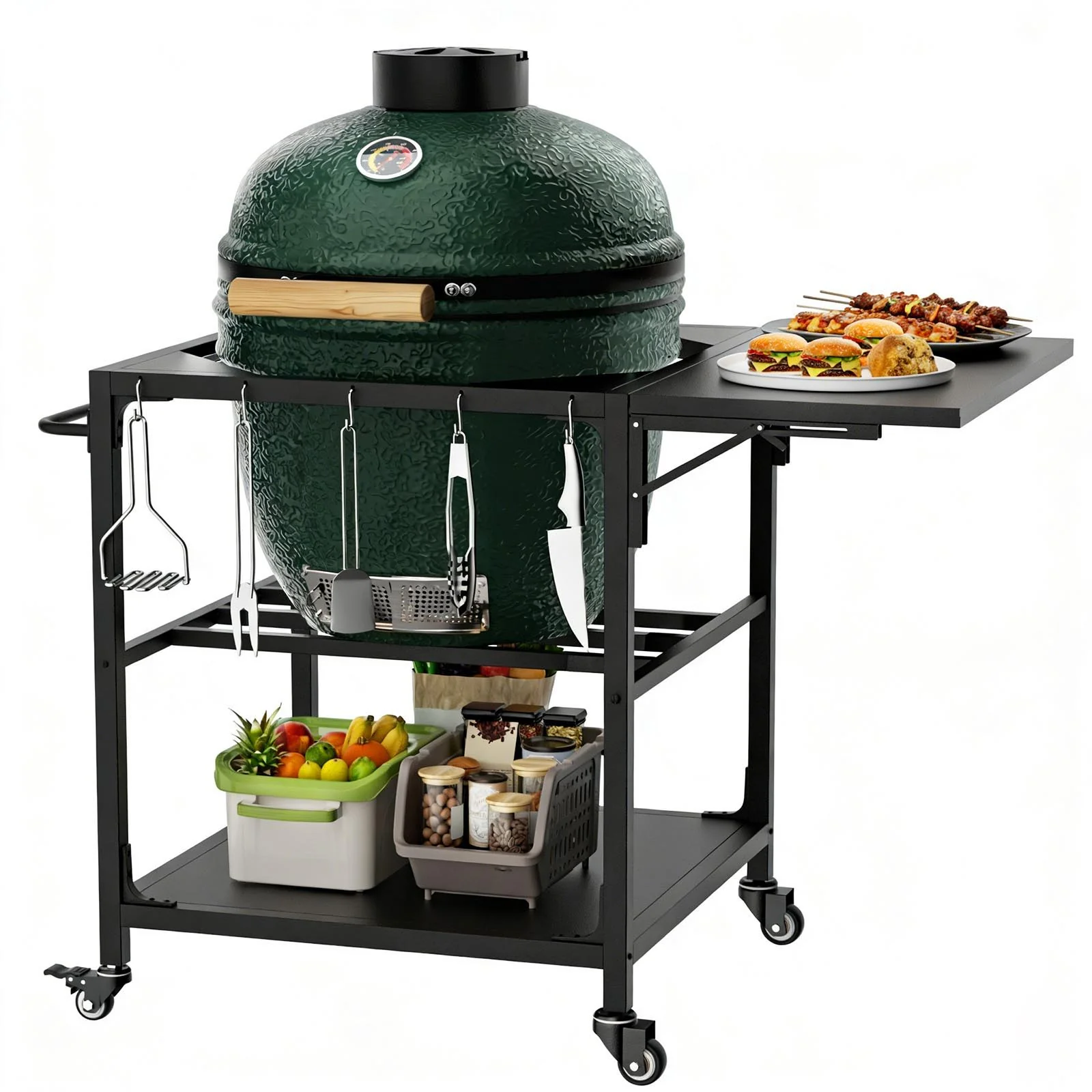 Outdoor Grill Table, Prep Cart With Wheels, Storage Shelf And Hooks - Black - Image 6