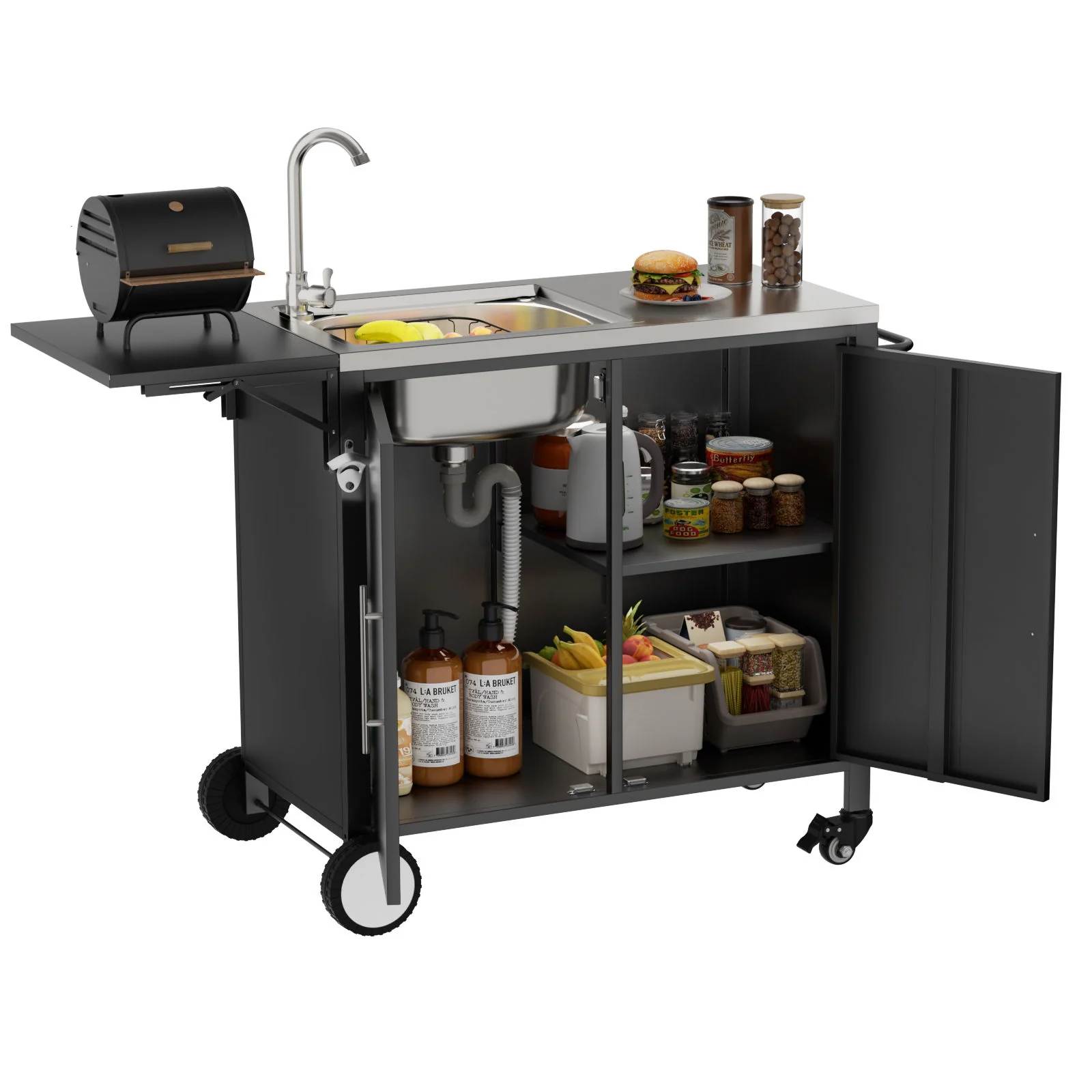 Outdoor Grill Table With Sink, Worktable Kitchen Cabinet Island With Wheels & Foldable Top - Black - Image 4