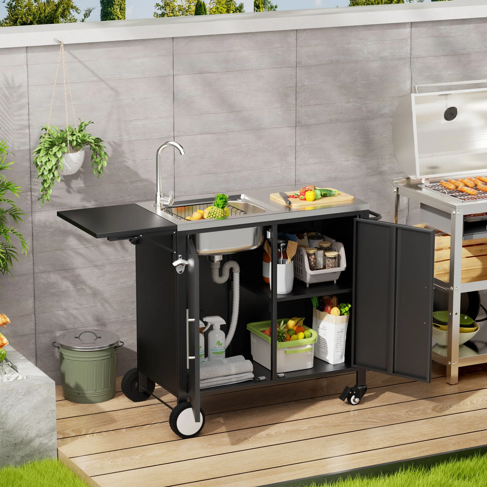 Outdoor Grill Table With Sink, Worktable Kitchen Cabinet Island With Wheels & Foldable Top - Black - Image 7