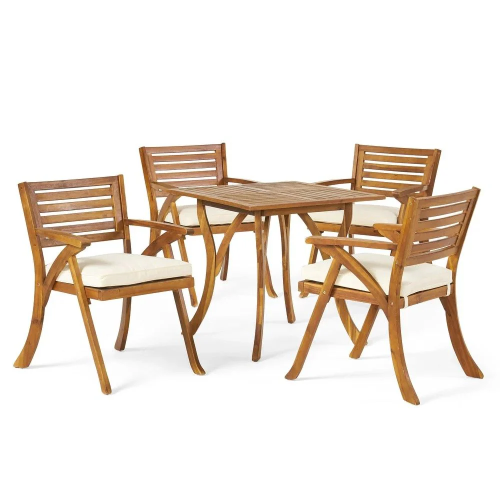 Outdoor Hermosa 5 Piece Wood Dining Set With Cushions - Teak / Beige - Image 5