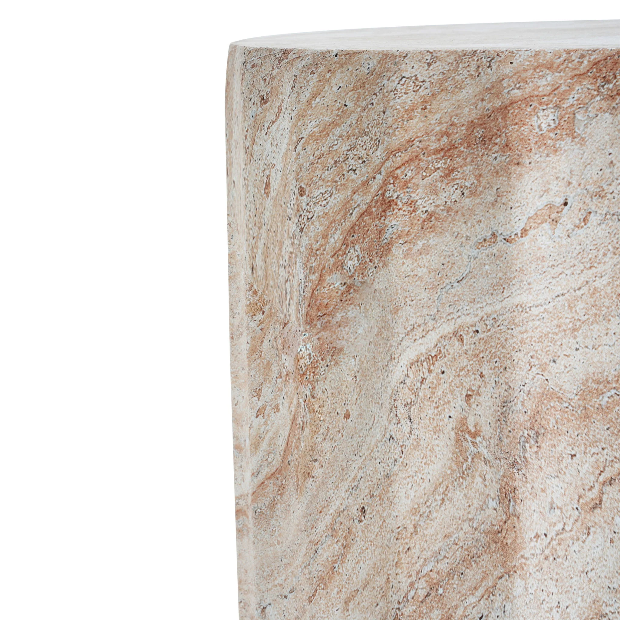 Outdoor / Indoor Lightweight Concrete Side Table, Cylinder Travertine Finish Accent Table - Beige - Image 2