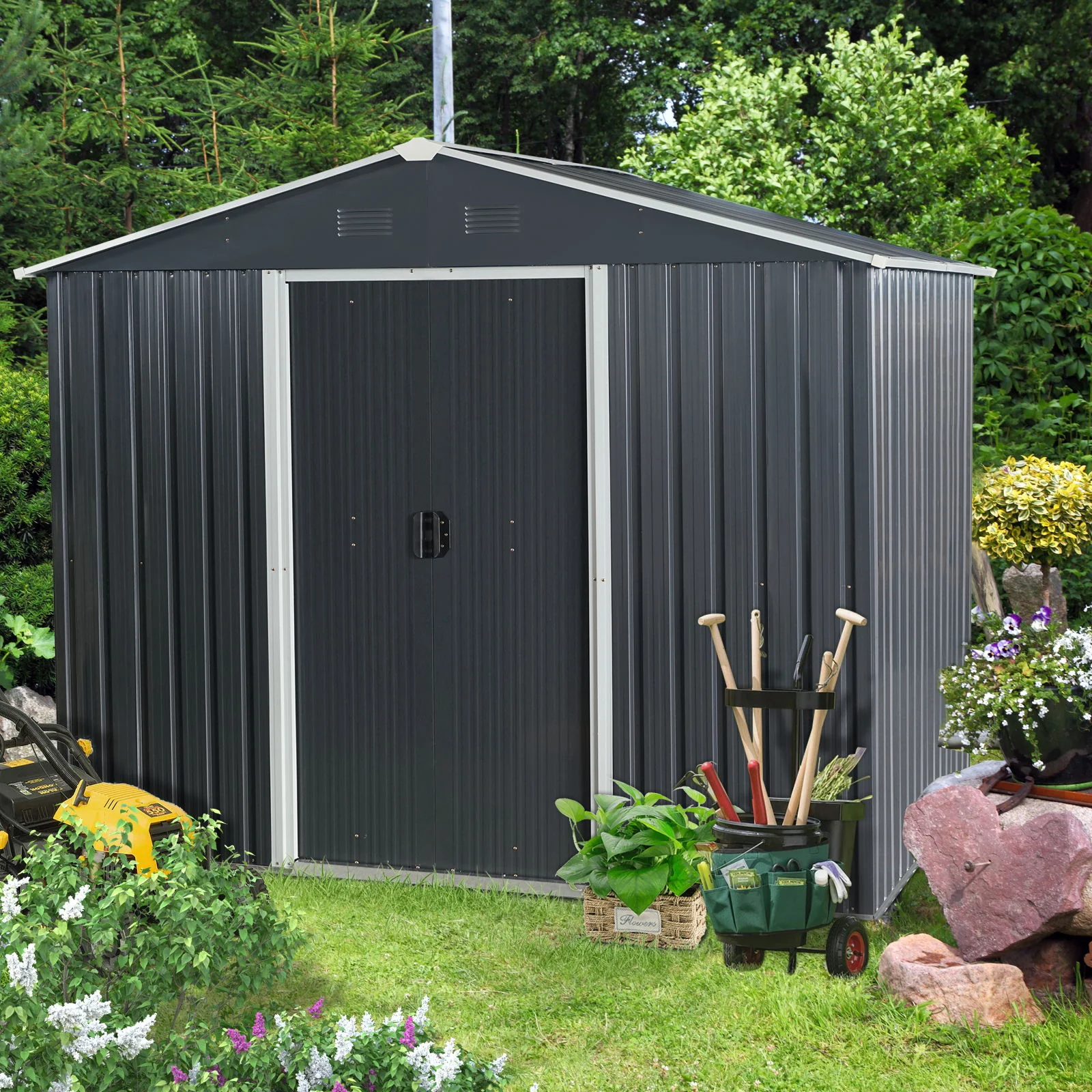 Outdoor Metal Storage Shed Garden Building Heavy Duty with Floor Base - Image 37