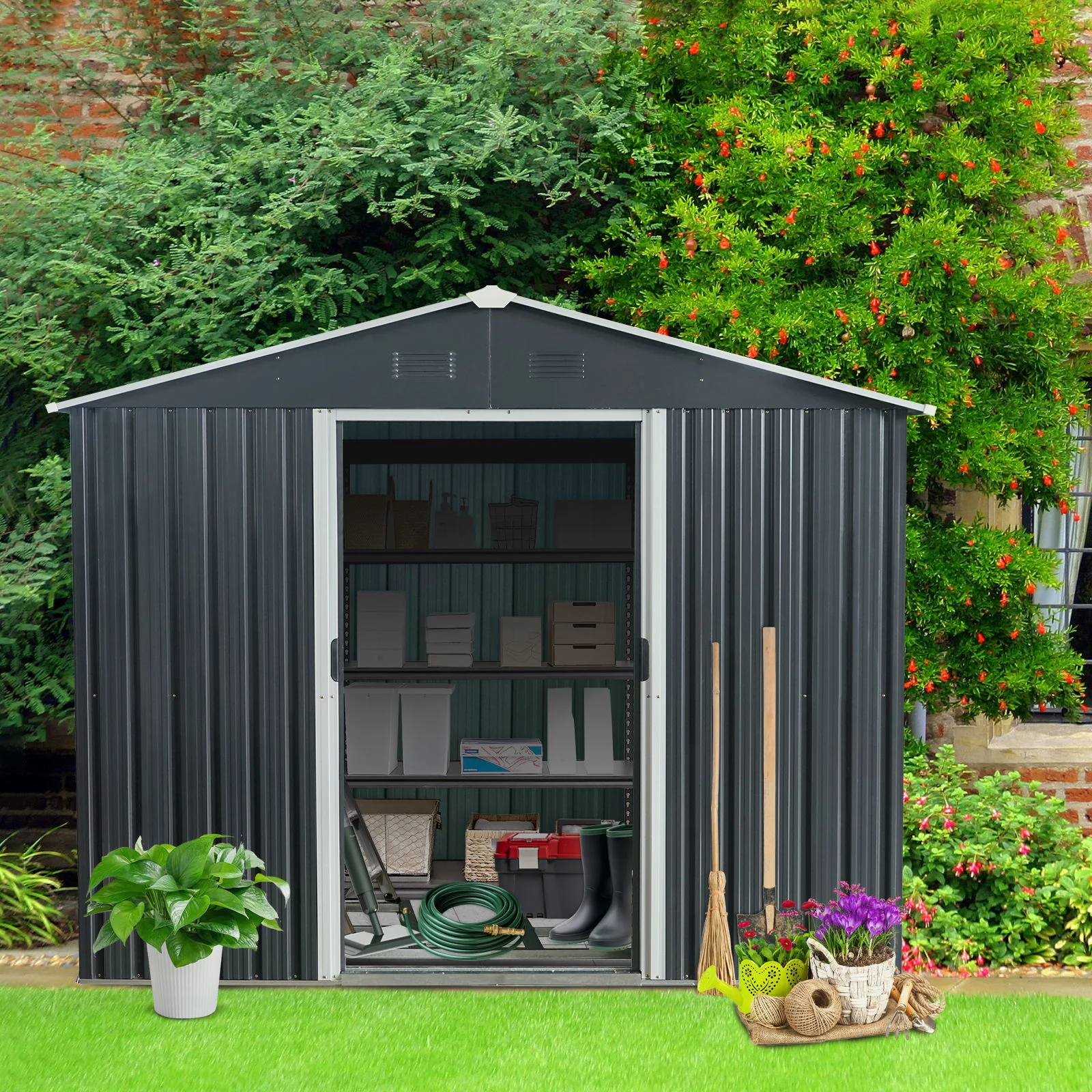 Outdoor Metal Storage Shed Garden Building Heavy Duty with Floor Base - Image 9