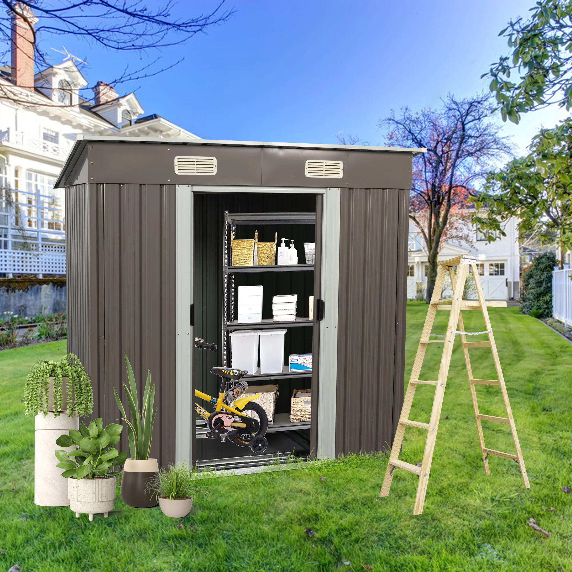 Outdoor Metal Storage Shed Garden Building Weather Resistant Iron 6x5ft - Image 7
