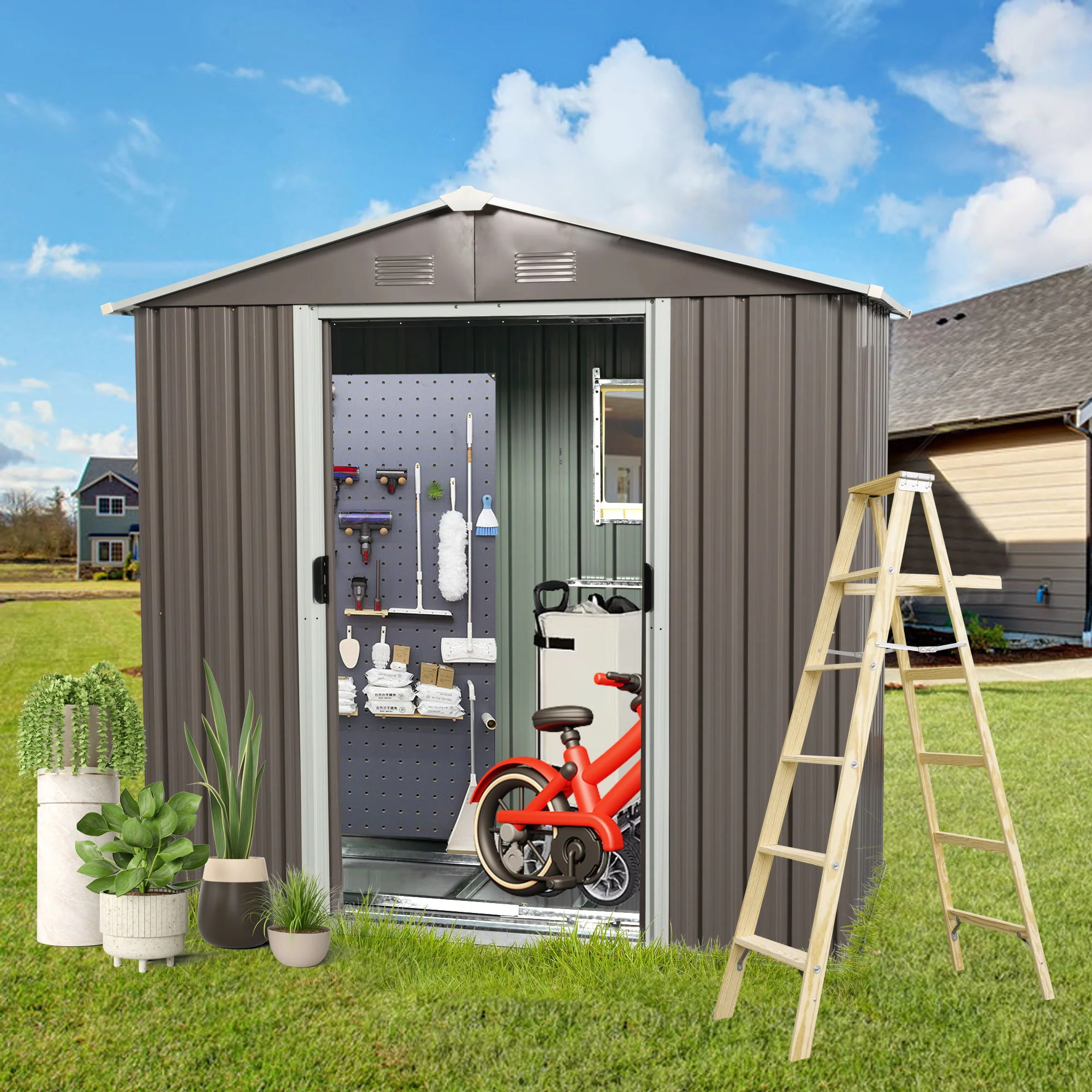 Outdoor Metal Storage Shed Garden Building Weather Resistant Steel 7.5x4ft - Image 17