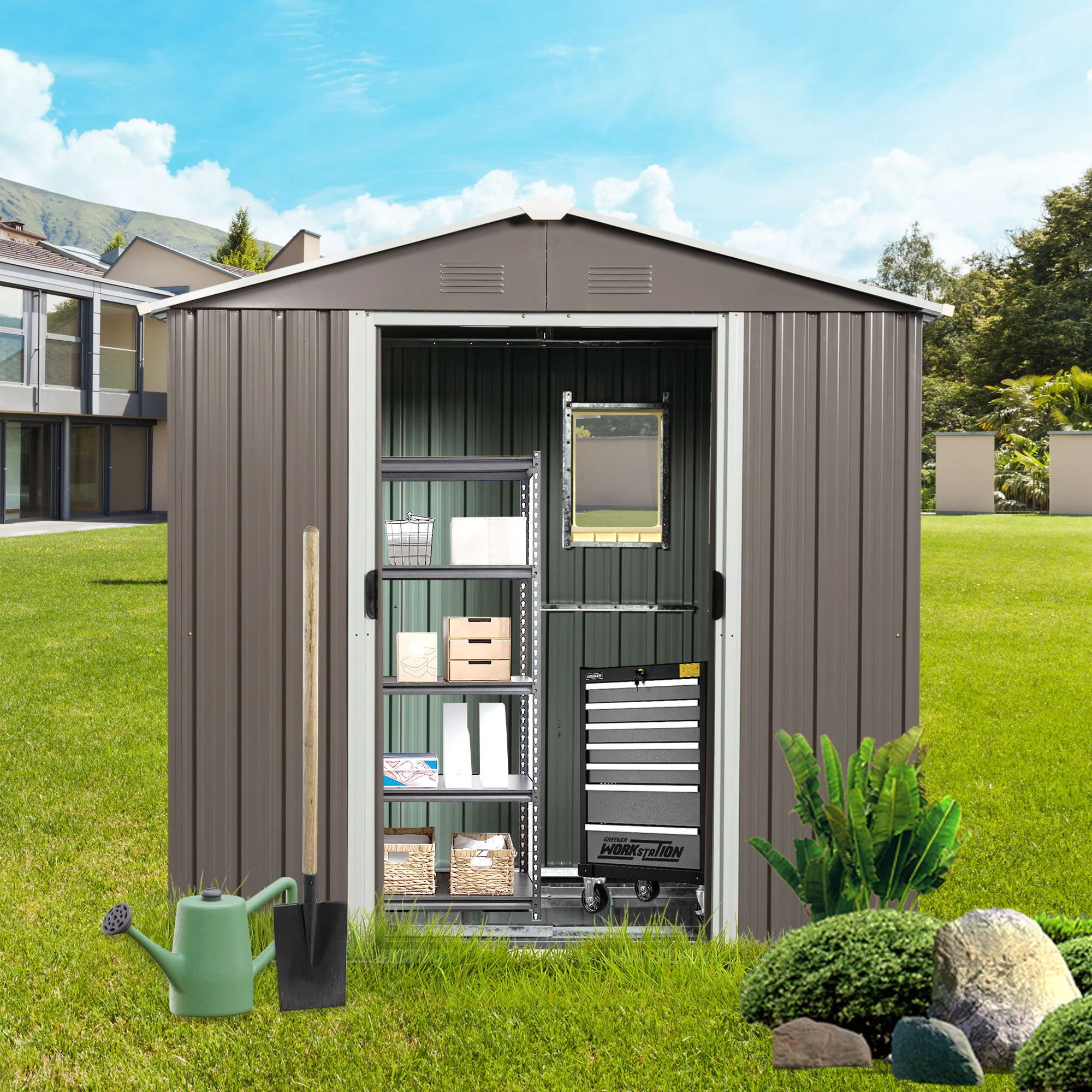 Outdoor Metal Storage Shed Garden Building Weather Resistant Steel 7.5x4ft - Image 7