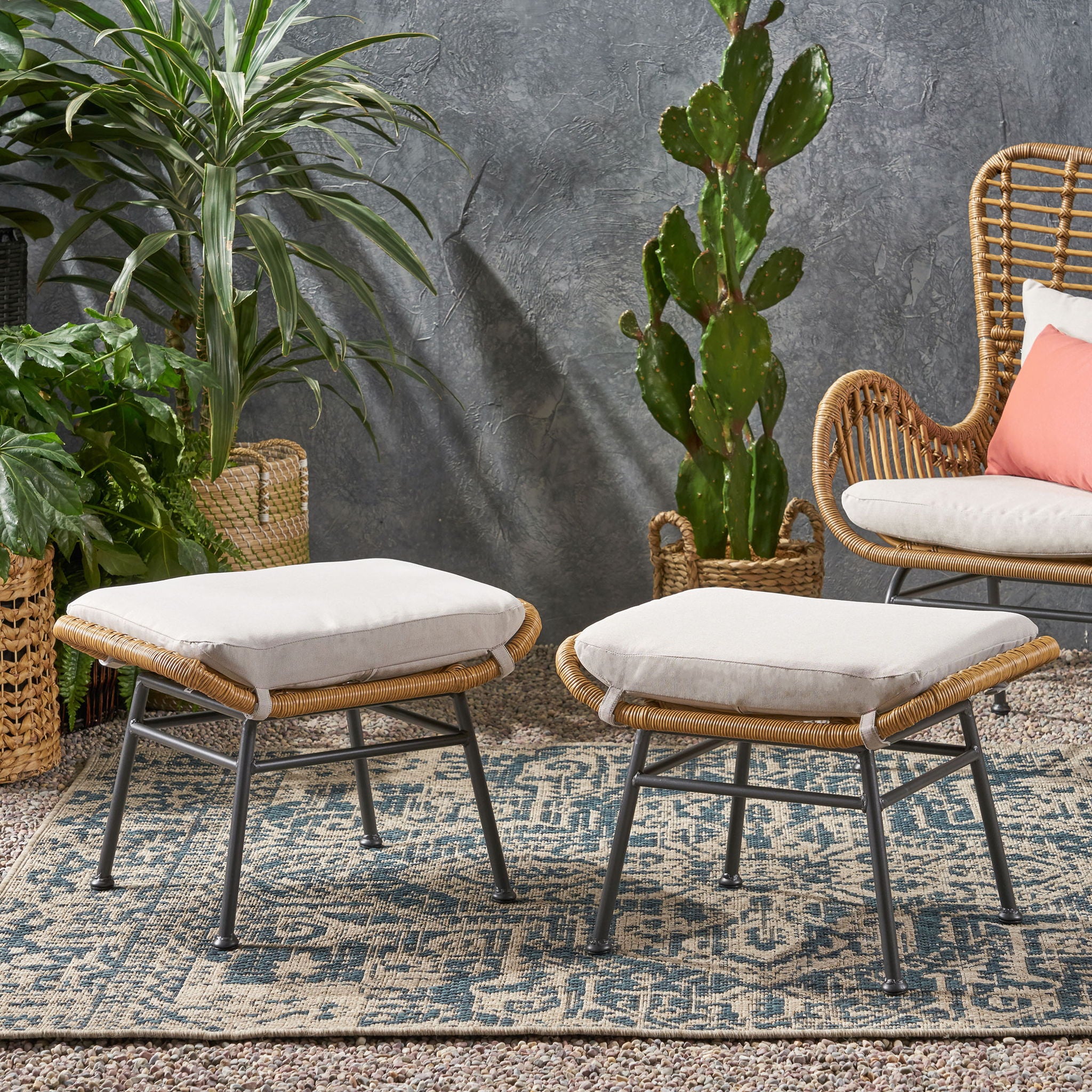 Outdoor Modern Boho Wicker Ottoman With Cushions (Set of 2) - Image 11