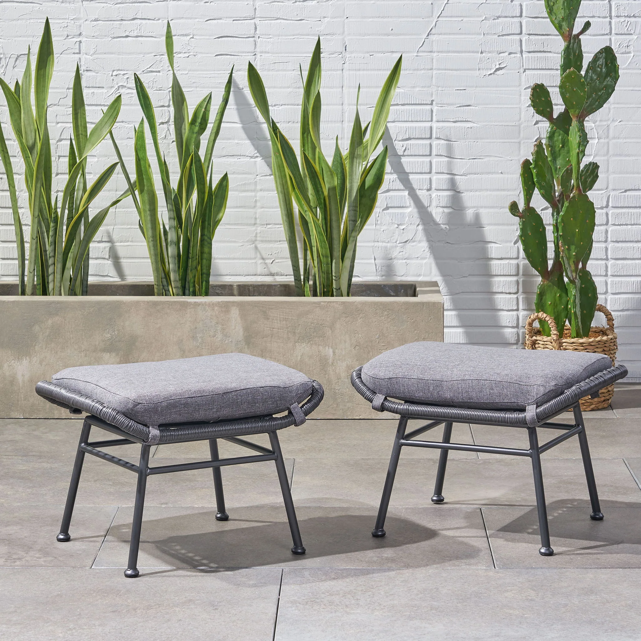 Outdoor Modern Boho Wicker Ottoman With Cushions (Set of 2) - Image 14
