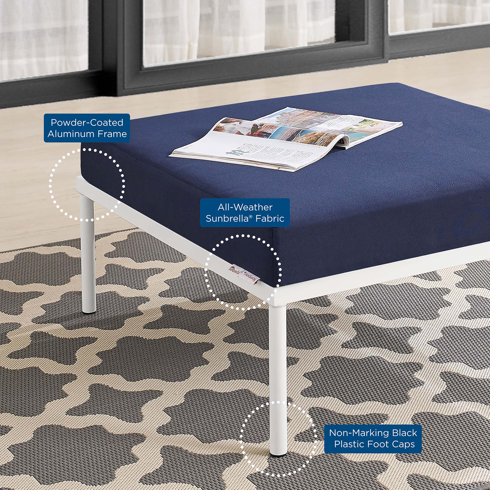 Outdoor Patio Aluminum Ottoman with Sunbrella® Cushion — Weather-Resistant Seating - Image 3