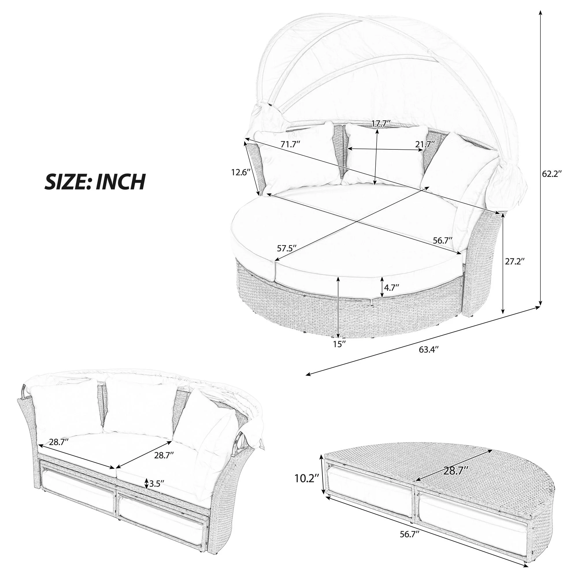 Outdoor Patio Daybed Wicker Rattan Double Daybed Round Sofa Furniture Set With Retractable Canopy, 4 Pillows For Lawn Garden - Image 3