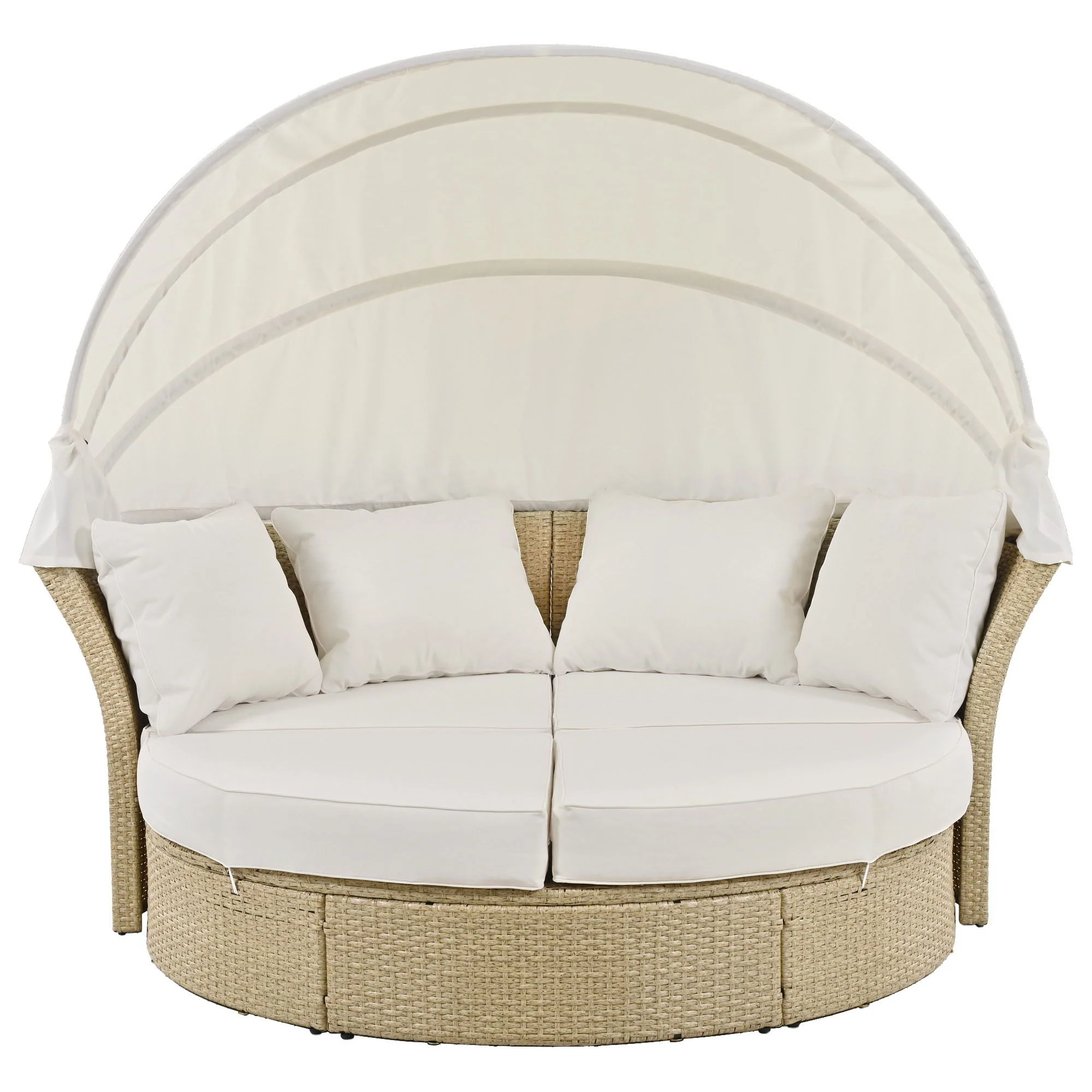 Outdoor Patio Daybed Wicker Rattan Double Daybed Round Sofa Furniture Set With Retractable Canopy, 4 Pillows For Lawn Garden - Image 4