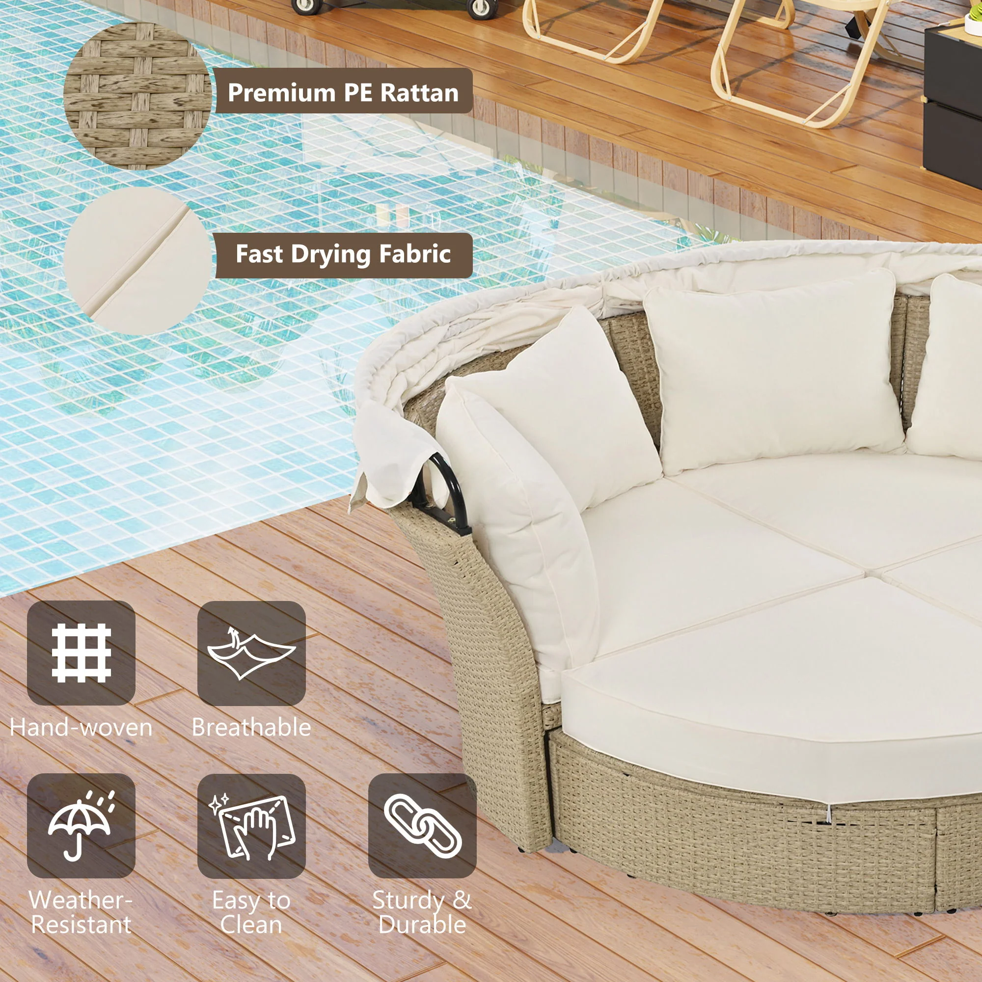 Outdoor Patio Daybed Wicker Rattan Double Daybed Round Sofa Furniture Set With Retractable Canopy, 4 Pillows For Lawn Garden - Image 5