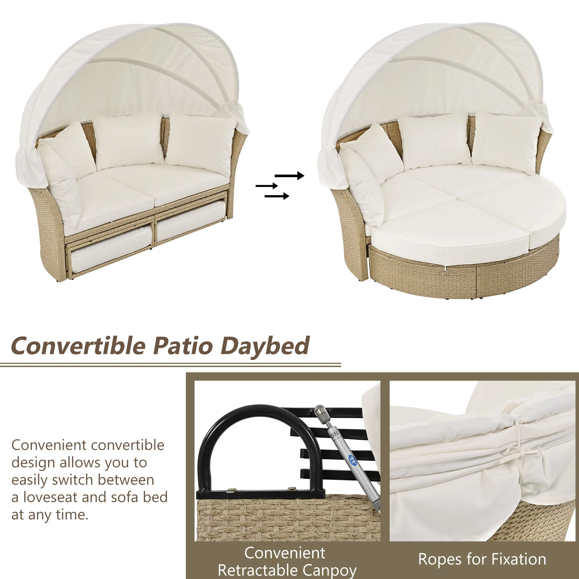 Outdoor Patio Daybed Wicker Rattan Double Daybed Round Sofa Furniture Set With Retractable Canopy, 4 Pillows For Lawn Garden - Image 6