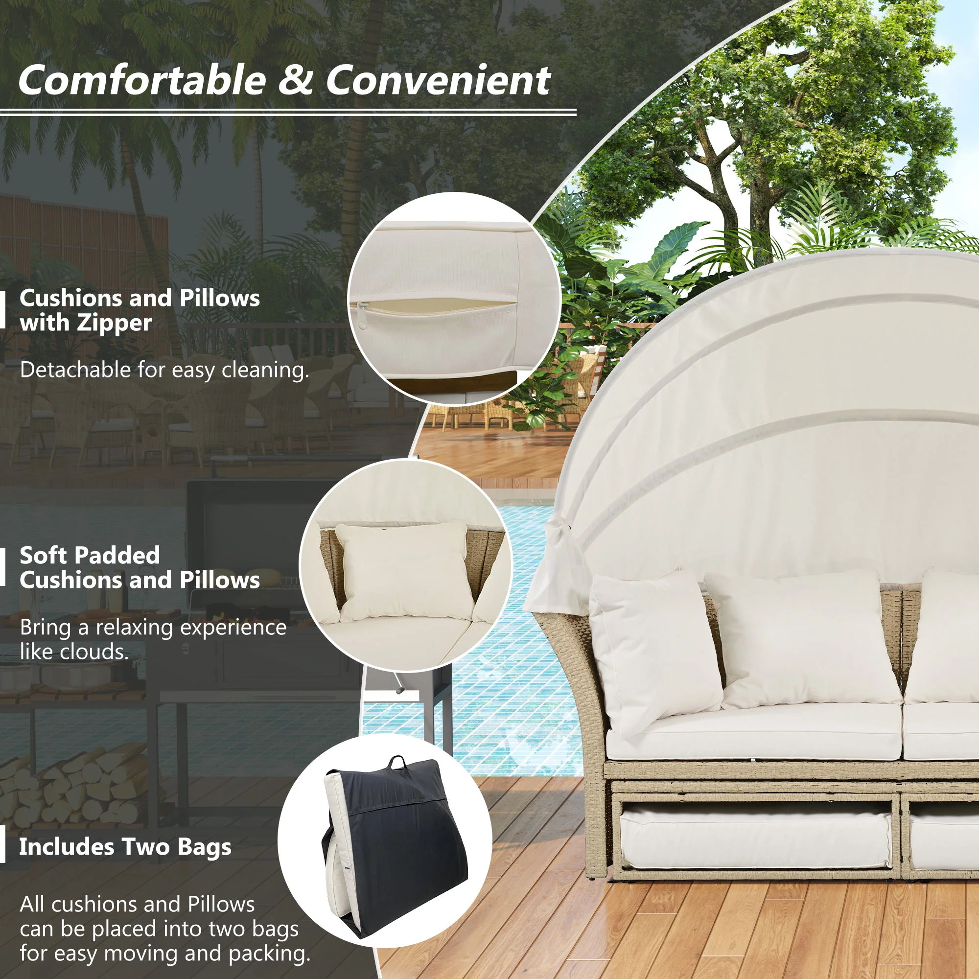 Outdoor Patio Daybed Wicker Rattan Double Daybed Round Sofa Furniture Set With Retractable Canopy, 4 Pillows For Lawn Garden - Image 7