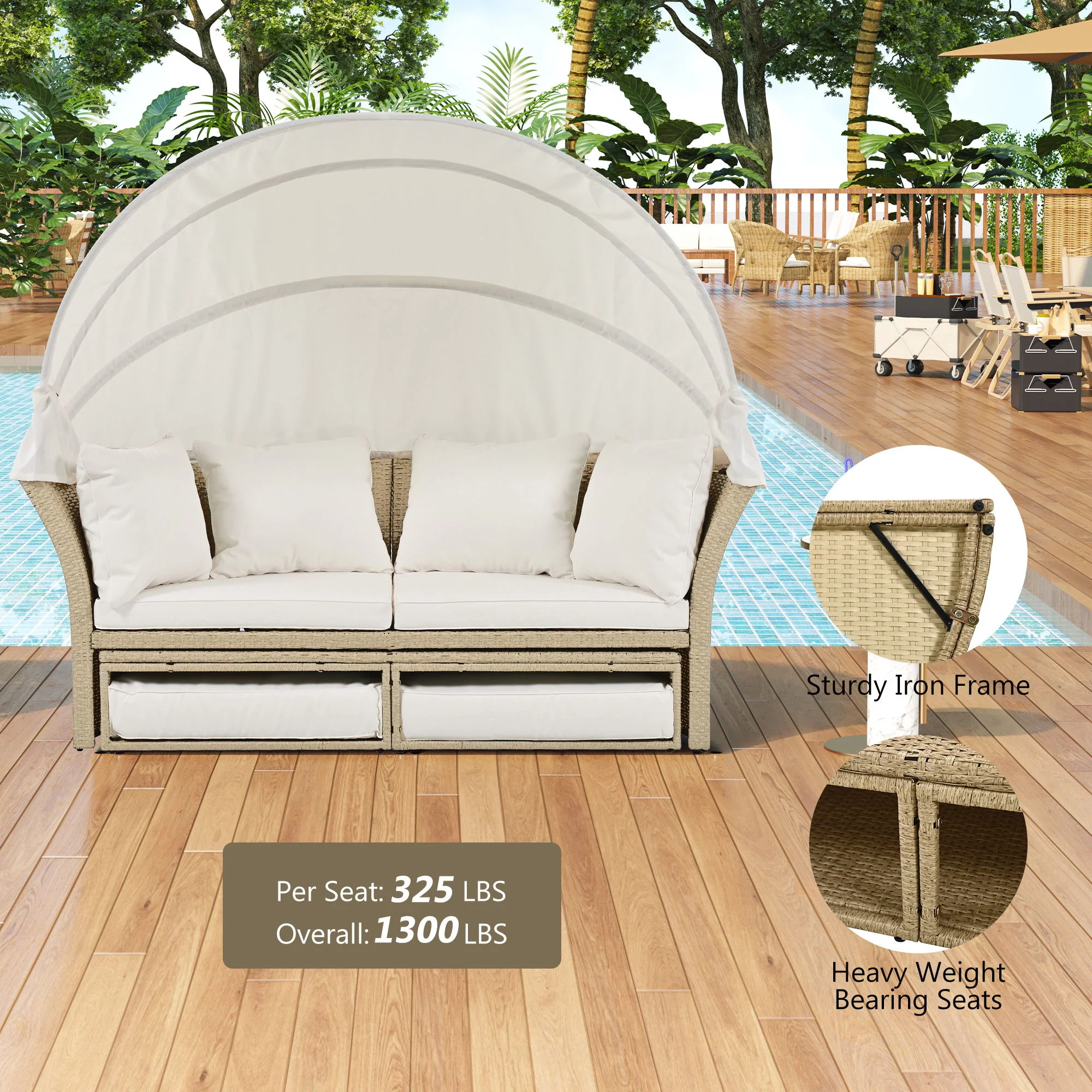 Outdoor Patio Daybed Wicker Rattan Double Daybed Round Sofa Furniture Set With Retractable Canopy, 4 Pillows For Lawn Garden - Image 8