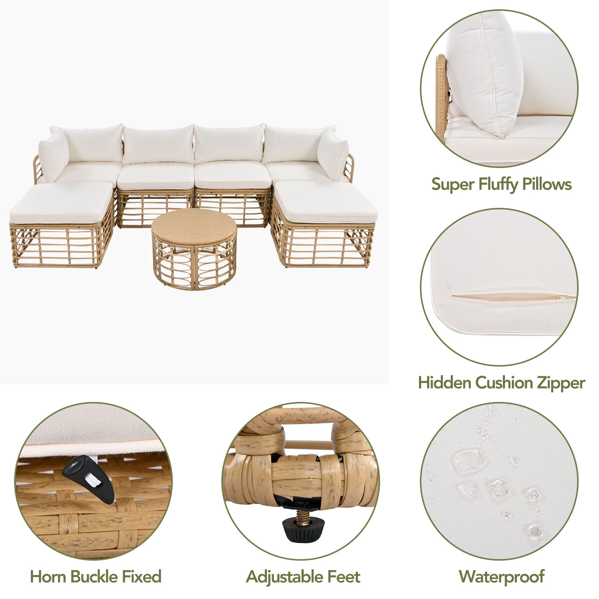 Outdoor Patio Furniture, All-Weather Rattan Sectional Sofa Set With Thick Cushions And Pillows, Freely Combined Conversation Sets For Garden, Backyard, Balcony - Image 7