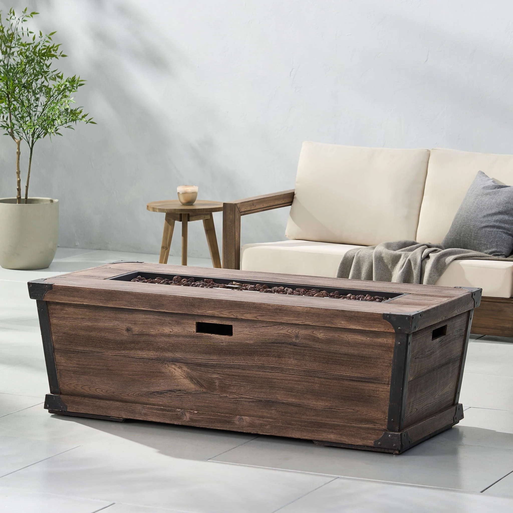 Outdoor Patio Gas Fire Pit Table Wood Pattern Lightweight Concrete 56x19in Dark Brown - Image 6