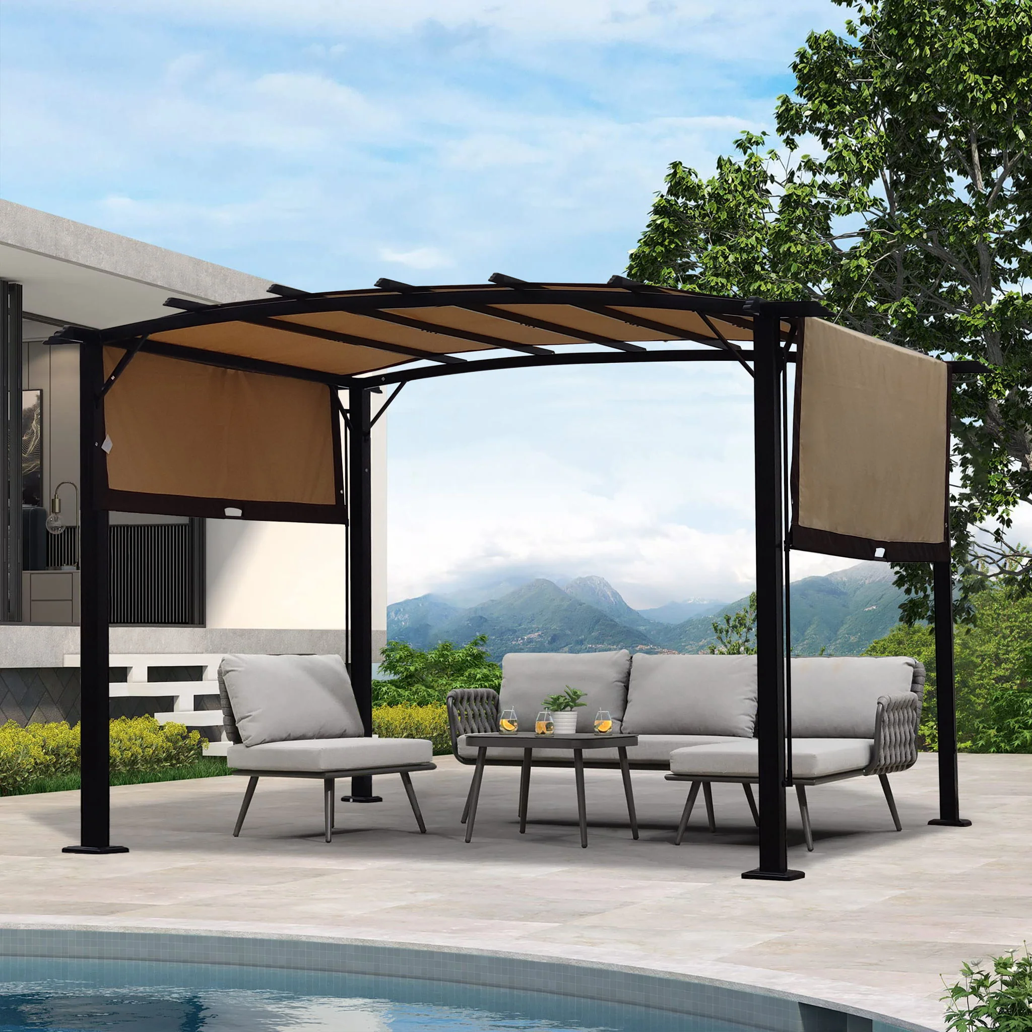 Outdoor Patio Pergola Gazebo - Steel Frame Sun Shelter With Retractable Canopy - Image 10