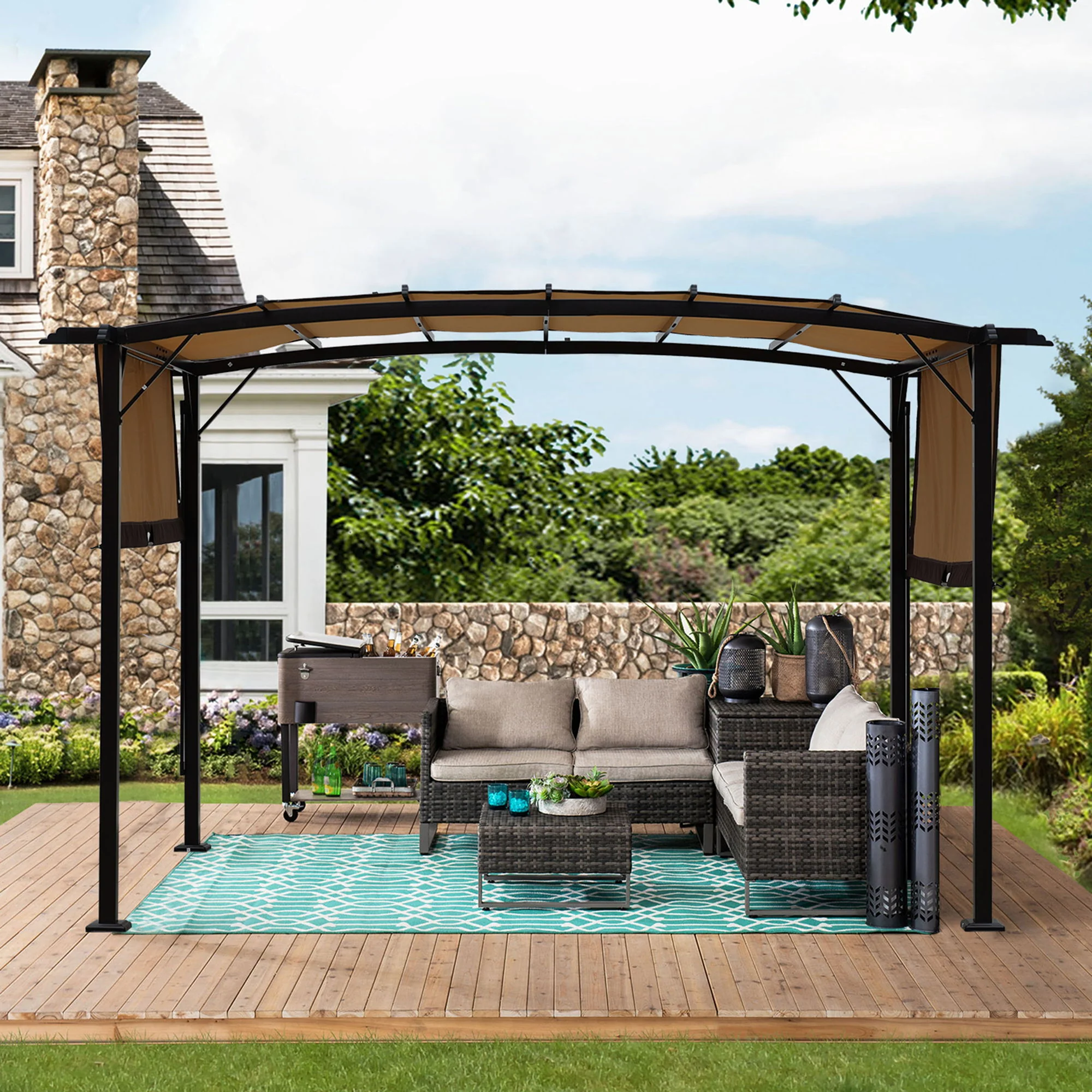 Outdoor Patio Pergola Gazebo - Steel Frame Sun Shelter With Retractable Canopy - Image 3