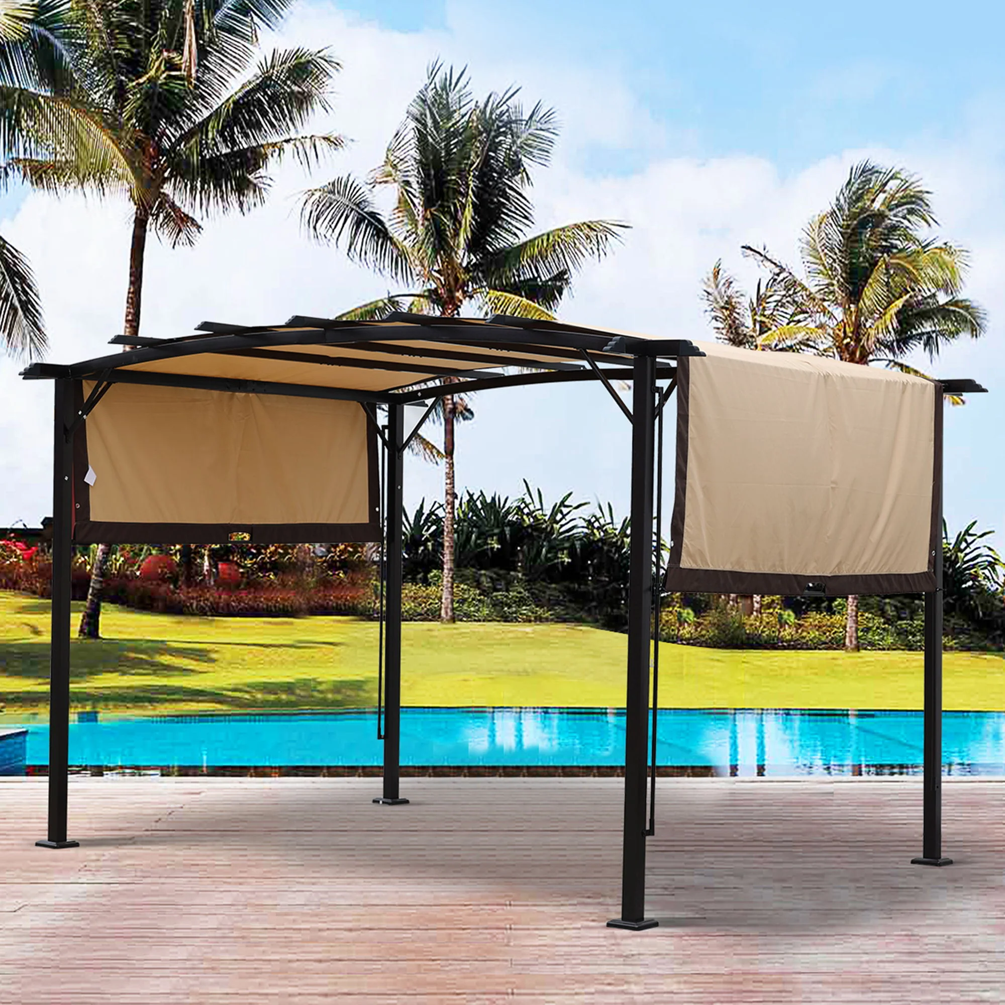 Outdoor Patio Pergola Gazebo - Steel Frame Sun Shelter With Retractable Canopy - Image 8