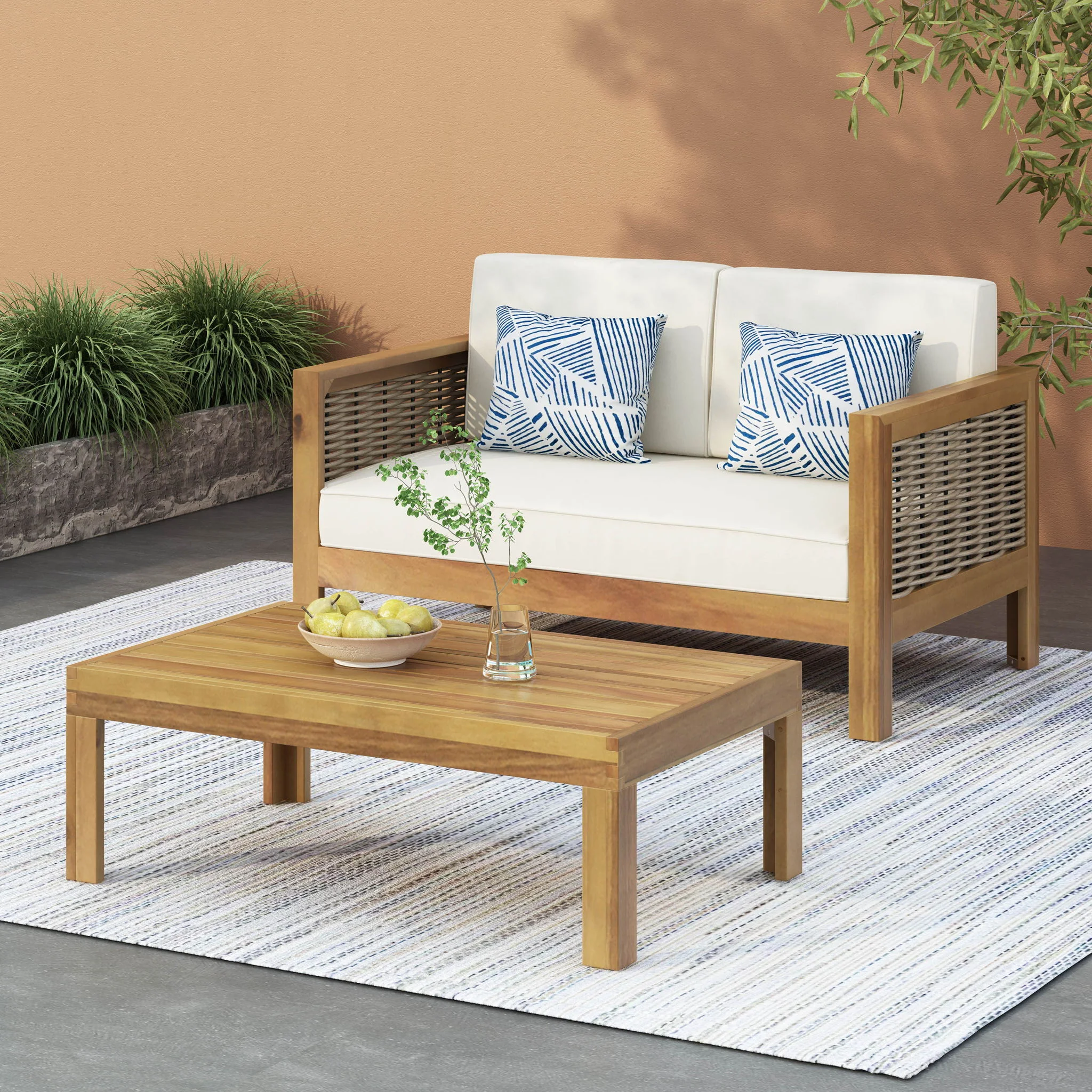 Outdoor Patio Set With Coffee Table And Loveseat - Teak / Beige - Image 6