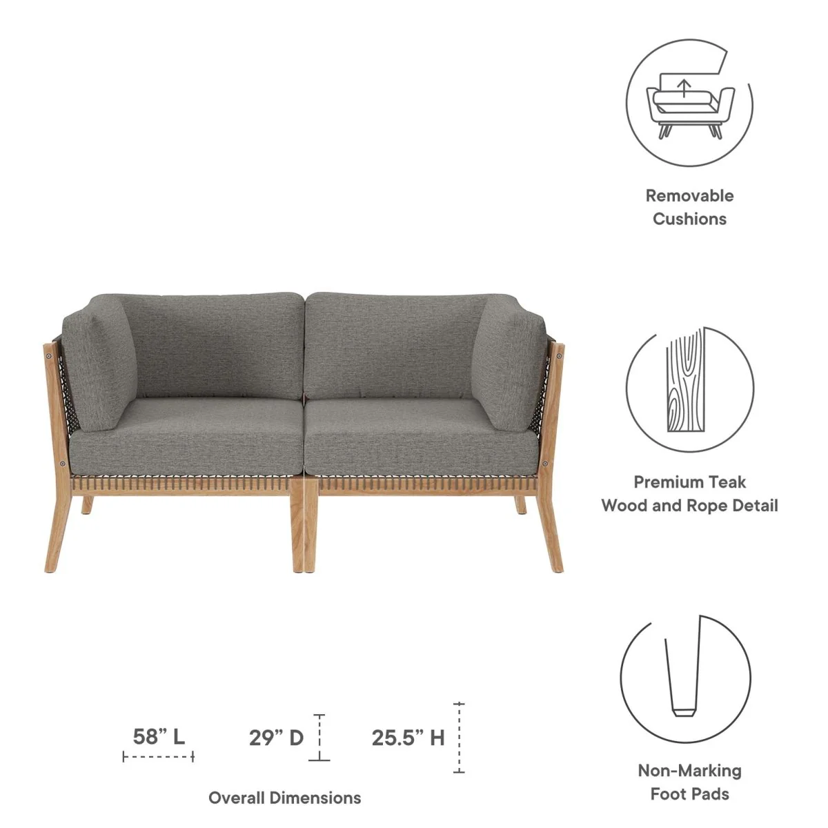 Outdoor Patio Teak Wood Loveseat Classic Weather-Resistant Teak Seating for Two - Image 2