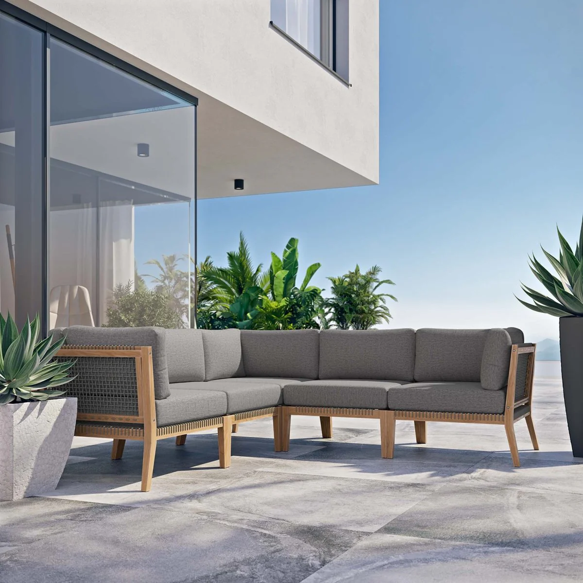 Outdoor Patio Teak Wood Sectional Sofa, Contemporary Modular Design for Deck - Image 11
