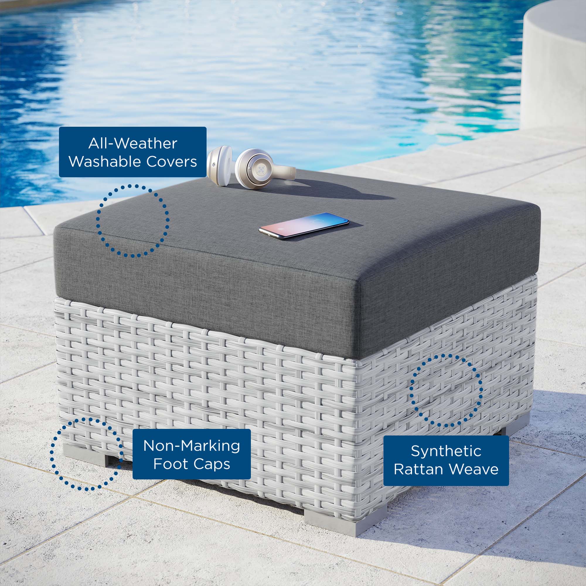 Outdoor Patio Wicker Ottoman with Cushioned Top and Weather-Resistant All-Season Design - Image 14