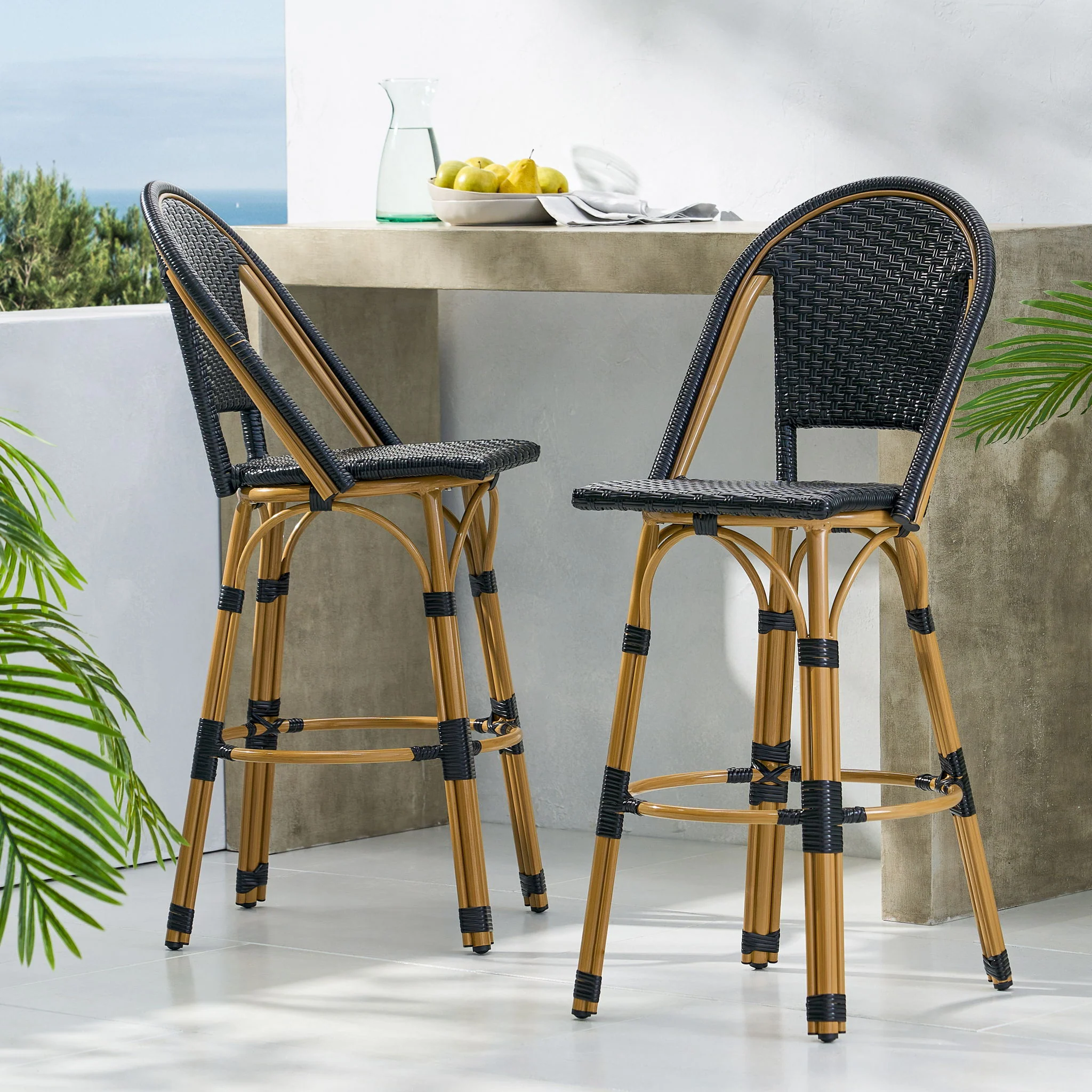 Outdoor Rattan And Aluminum French Barstools (Set of 2) - Image 8