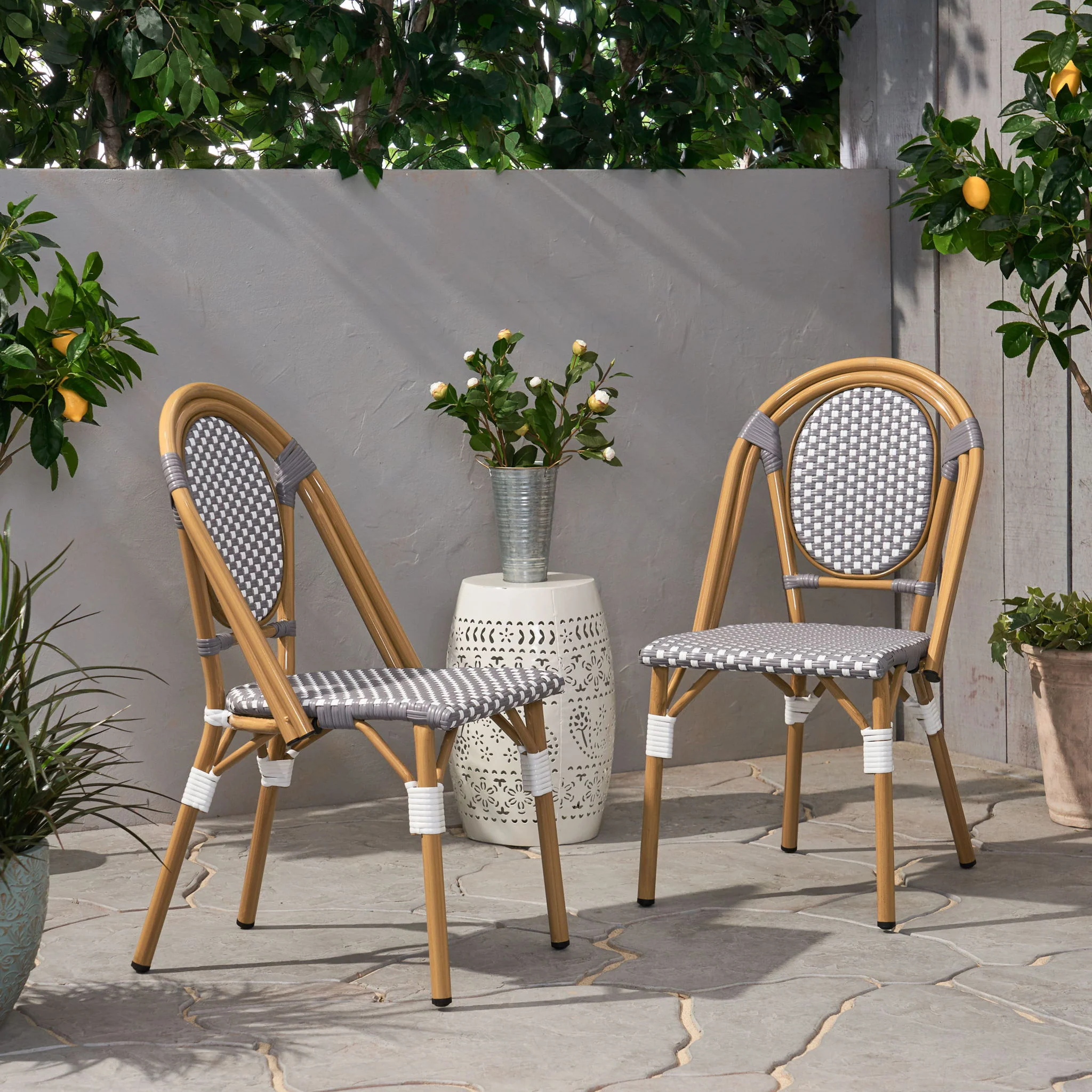 Outdoor Rattan And Aluminum French Bistro Chair Set - Image 14