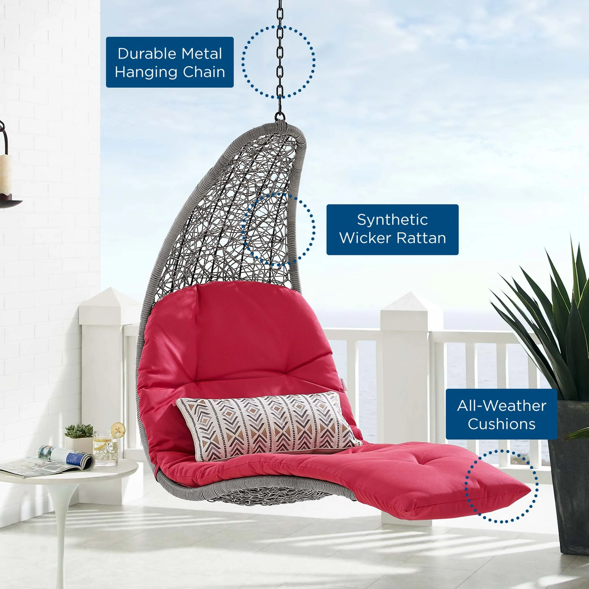 Outdoor Rattan Chaise Lounge Hanging Swing Chair with Steel Stand and Adjustable Recline - Image 2