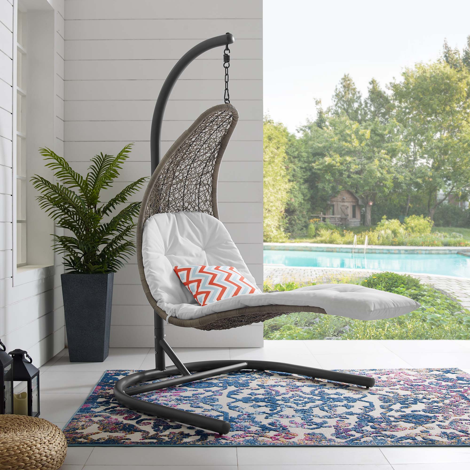 Outdoor Rattan Chaise Lounge Hanging Swing Chair with Steel Stand and Adjustable Recline - Image 36