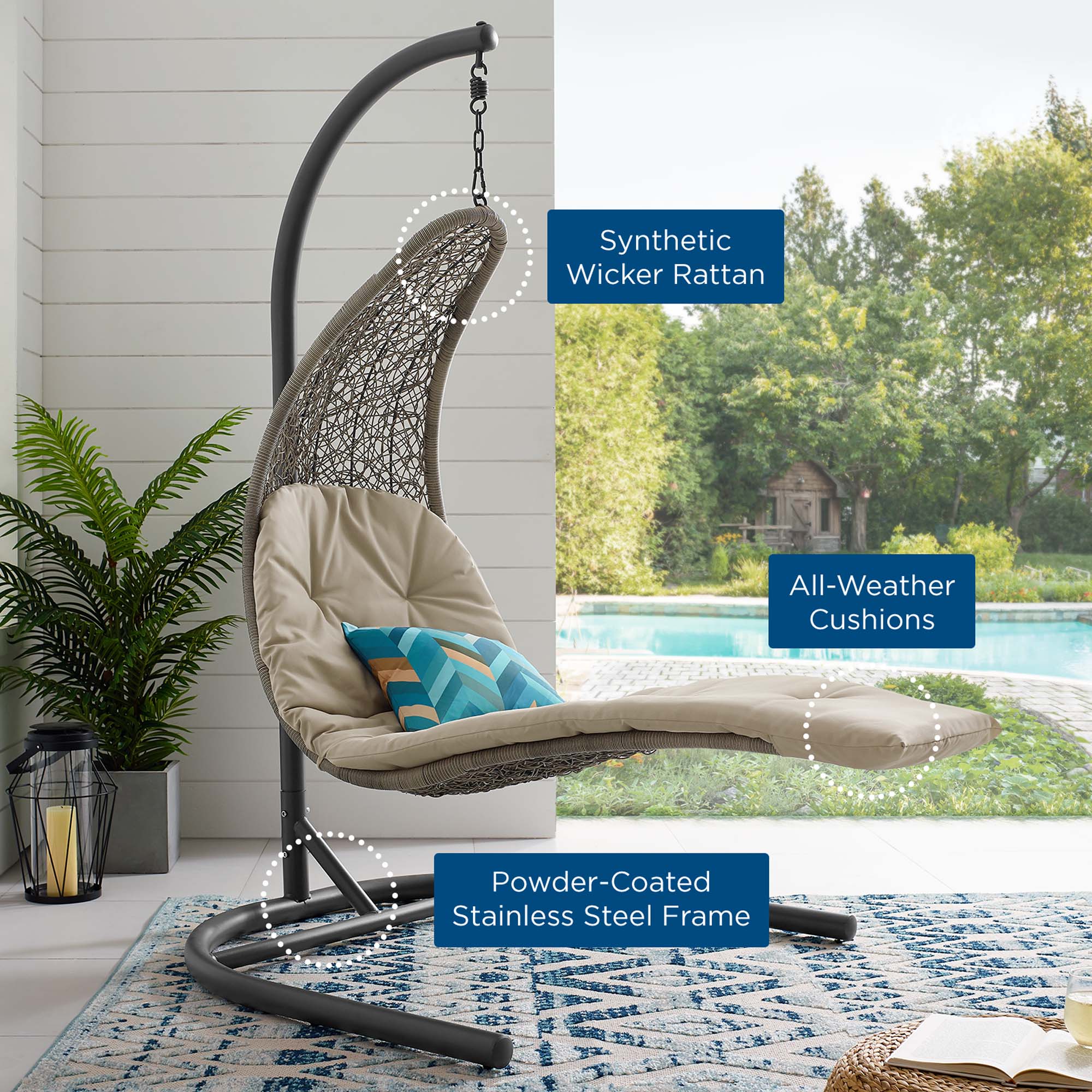 Outdoor Rattan Chaise Lounge Hanging Swing Chair with Steel Stand and Adjustable Recline - Image 62