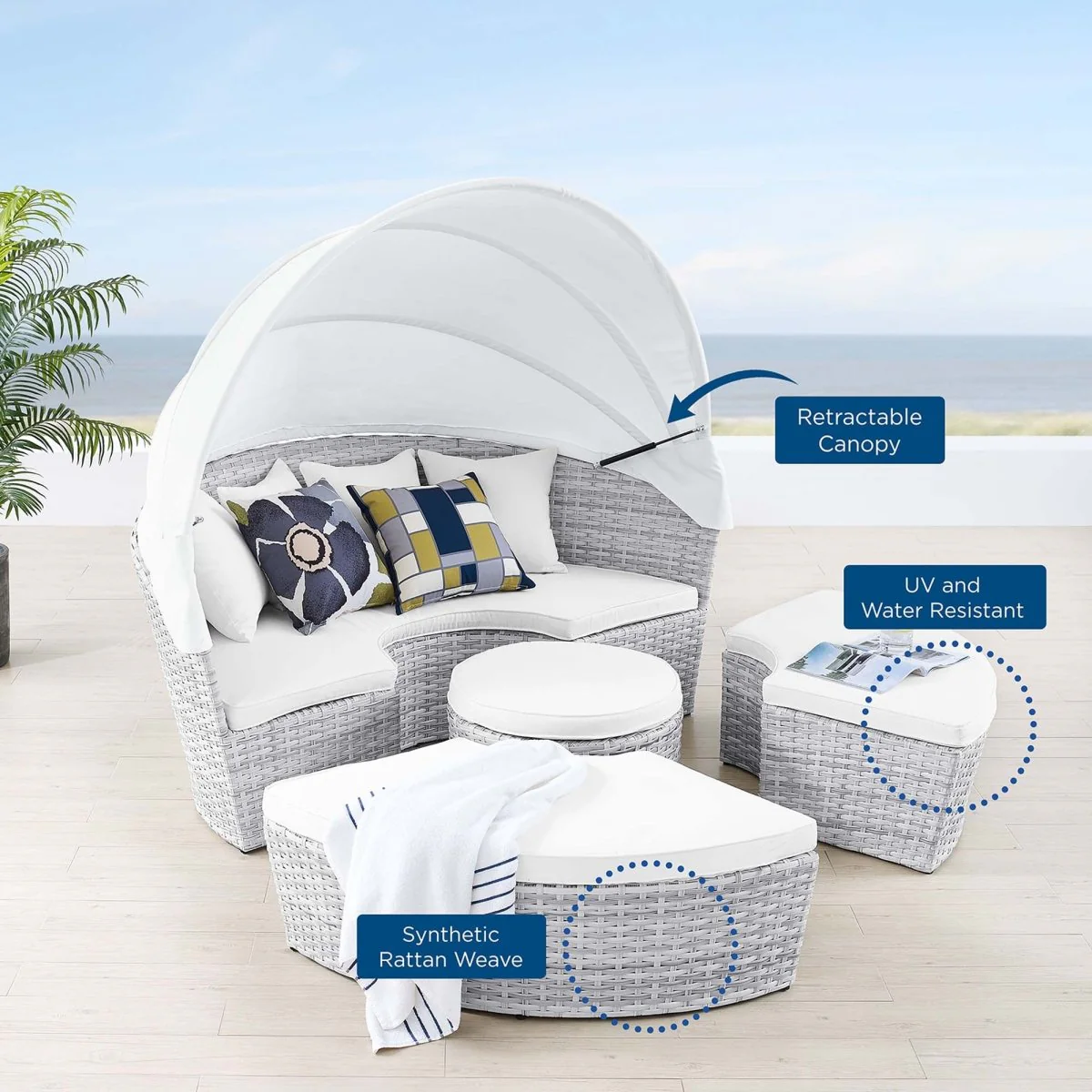 Outdoor Rattan Daybed with Canopy - Patio Wicker Lounger for Garden and Poolside Relax - Image 3