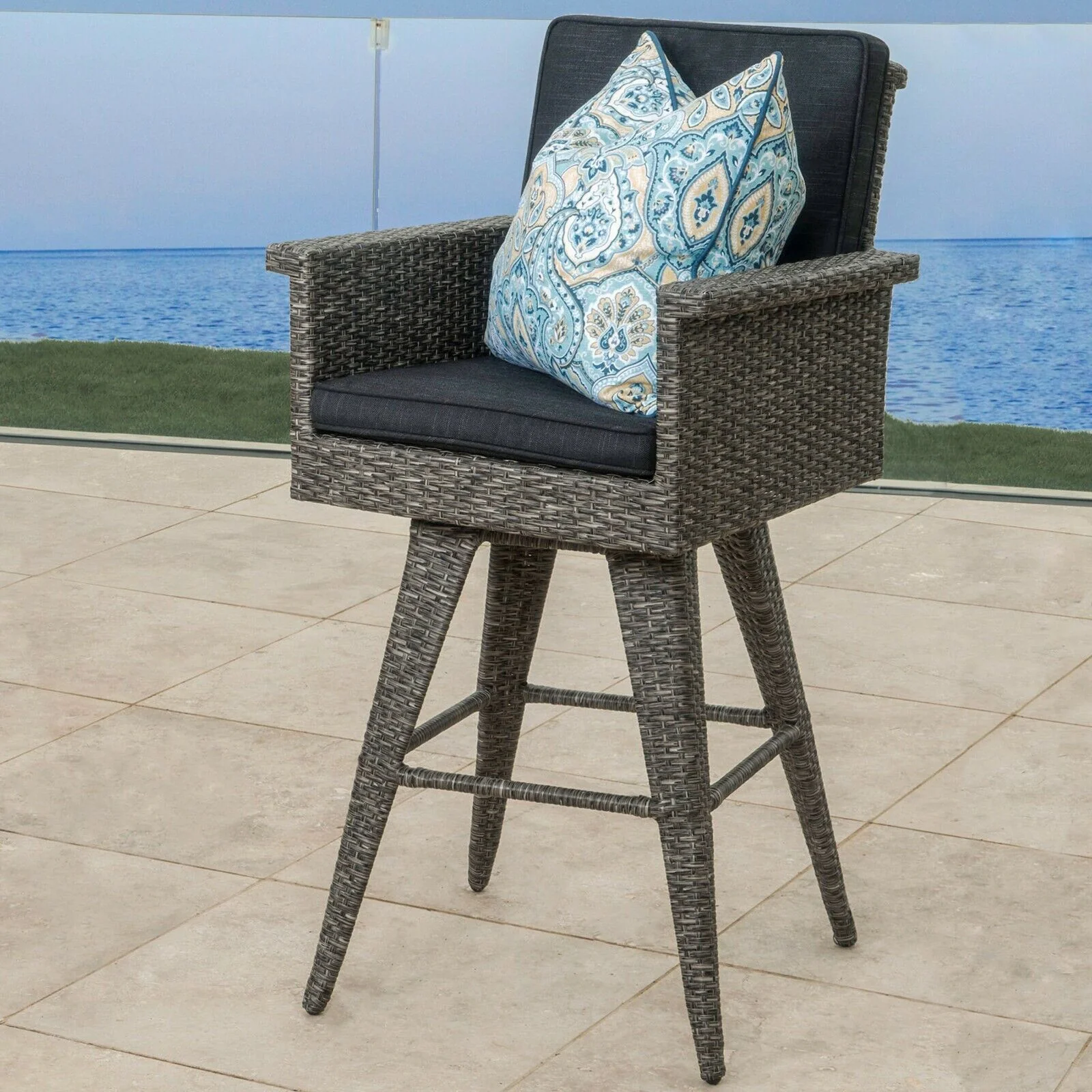 Outdoor Rattan Swivel Barstool With Water Resistant Cushion - Mixed Black / Dark Gray - Image 6
