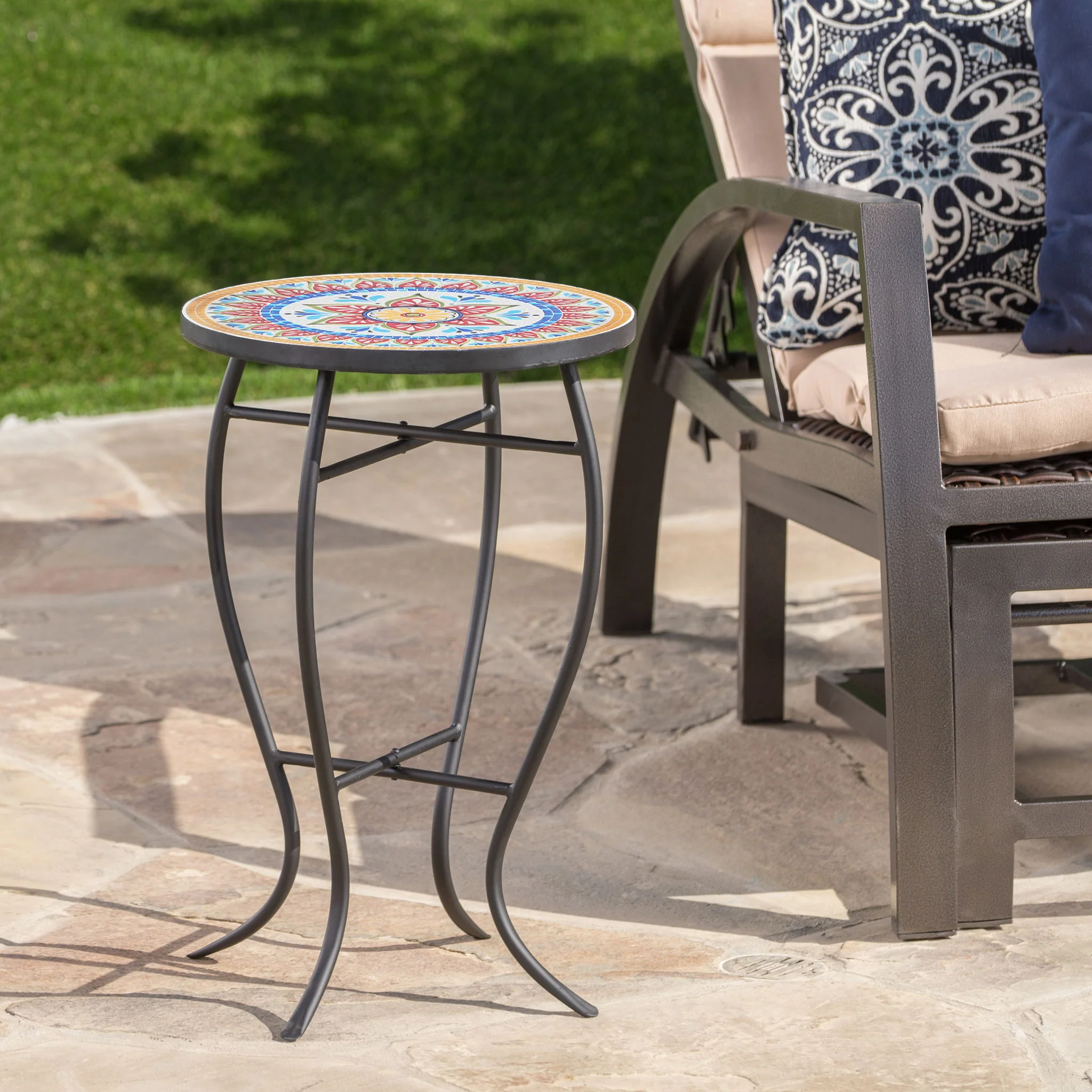 Outdoor Round Side Table With Mosaic Style Top And Curved Iron Legs - Image 22