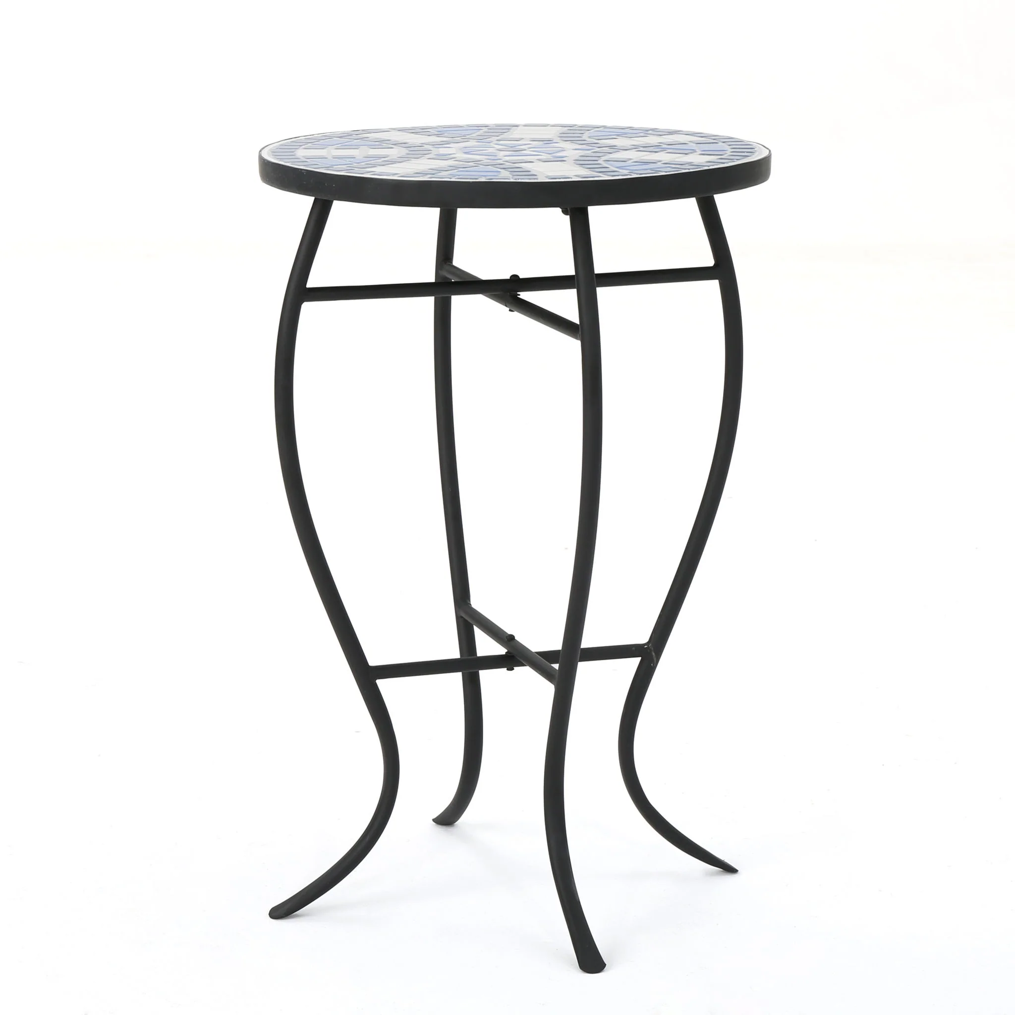 Outdoor Round Side Table With Mosaic Style Top And Curved Iron Legs - Blue / Matte Black - Image 4