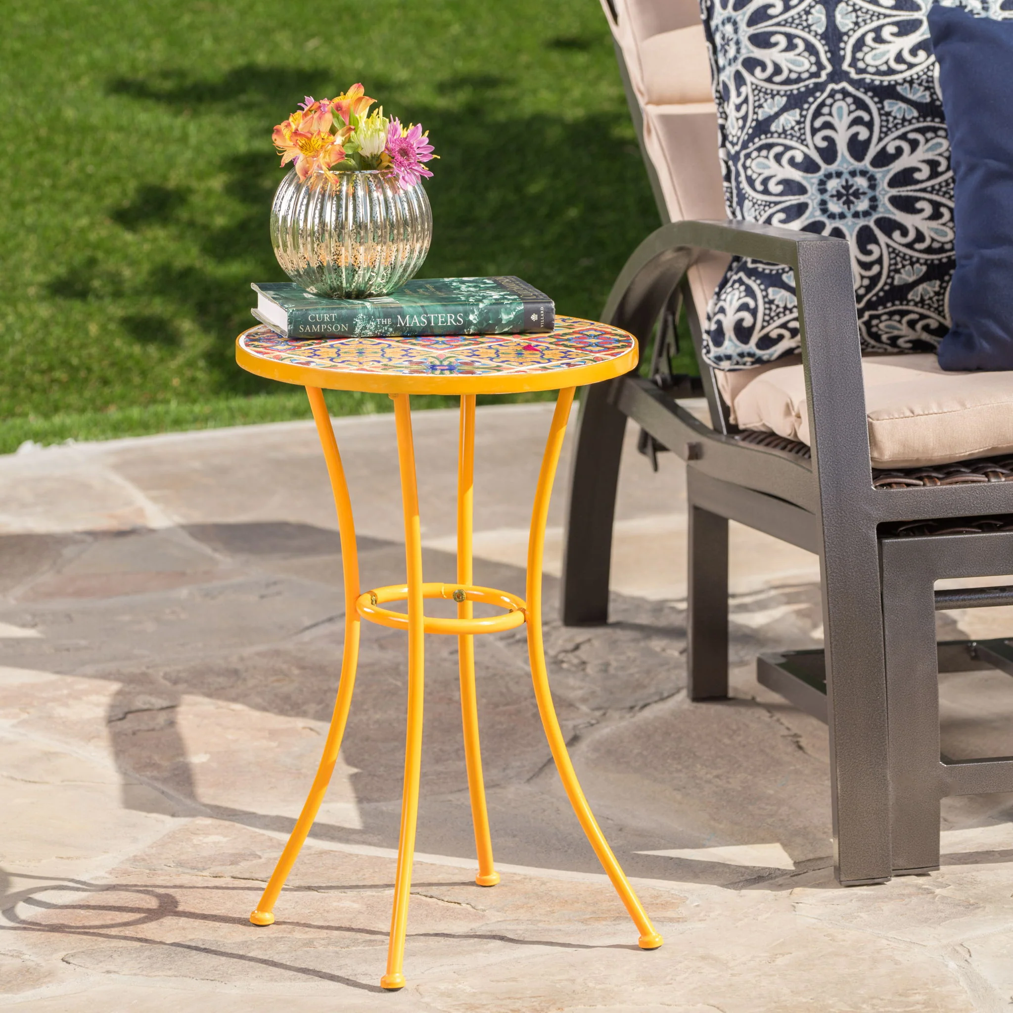 Outdoor Side Table With Tile Mosaic Table Top - Yellow - Image 9