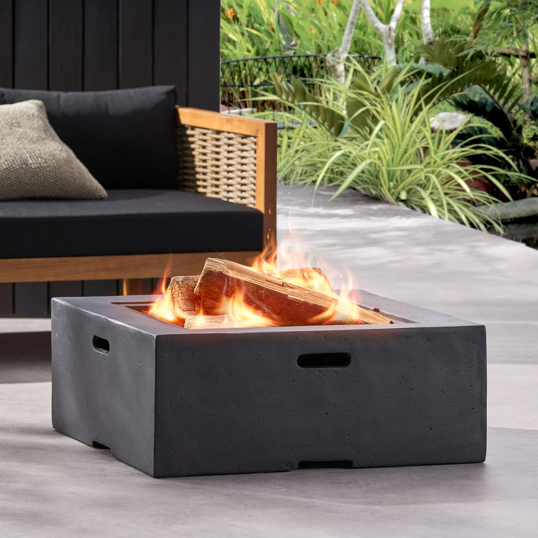 Outdoor Square Fire Pit Garden Hearth Wood Burning Magnesium Oxide 29x17in Dark Gray - Image 3