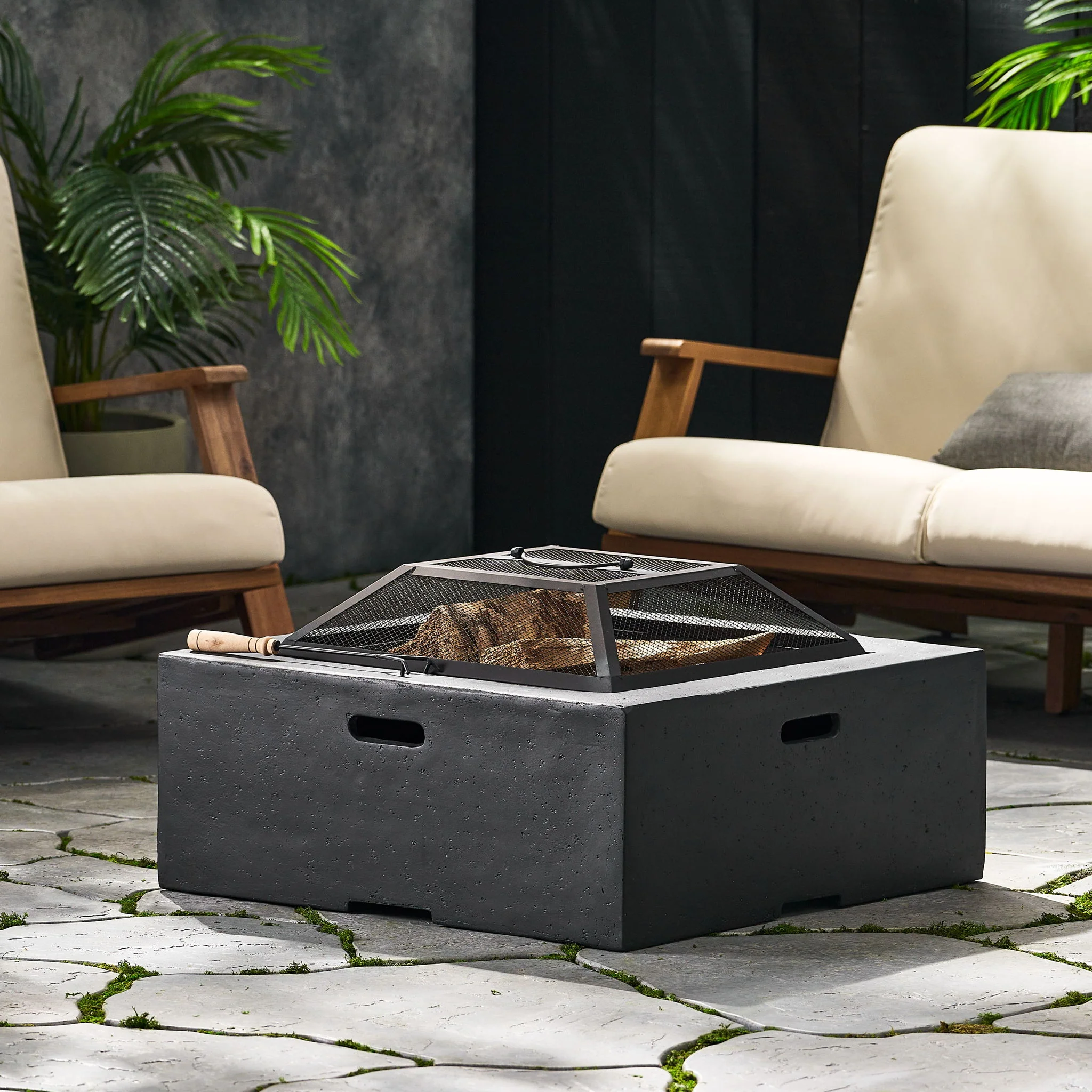Outdoor Square Fire Pit Garden Hearth Wood Burning Magnesium Oxide 29x17in Dark Gray - Image 6