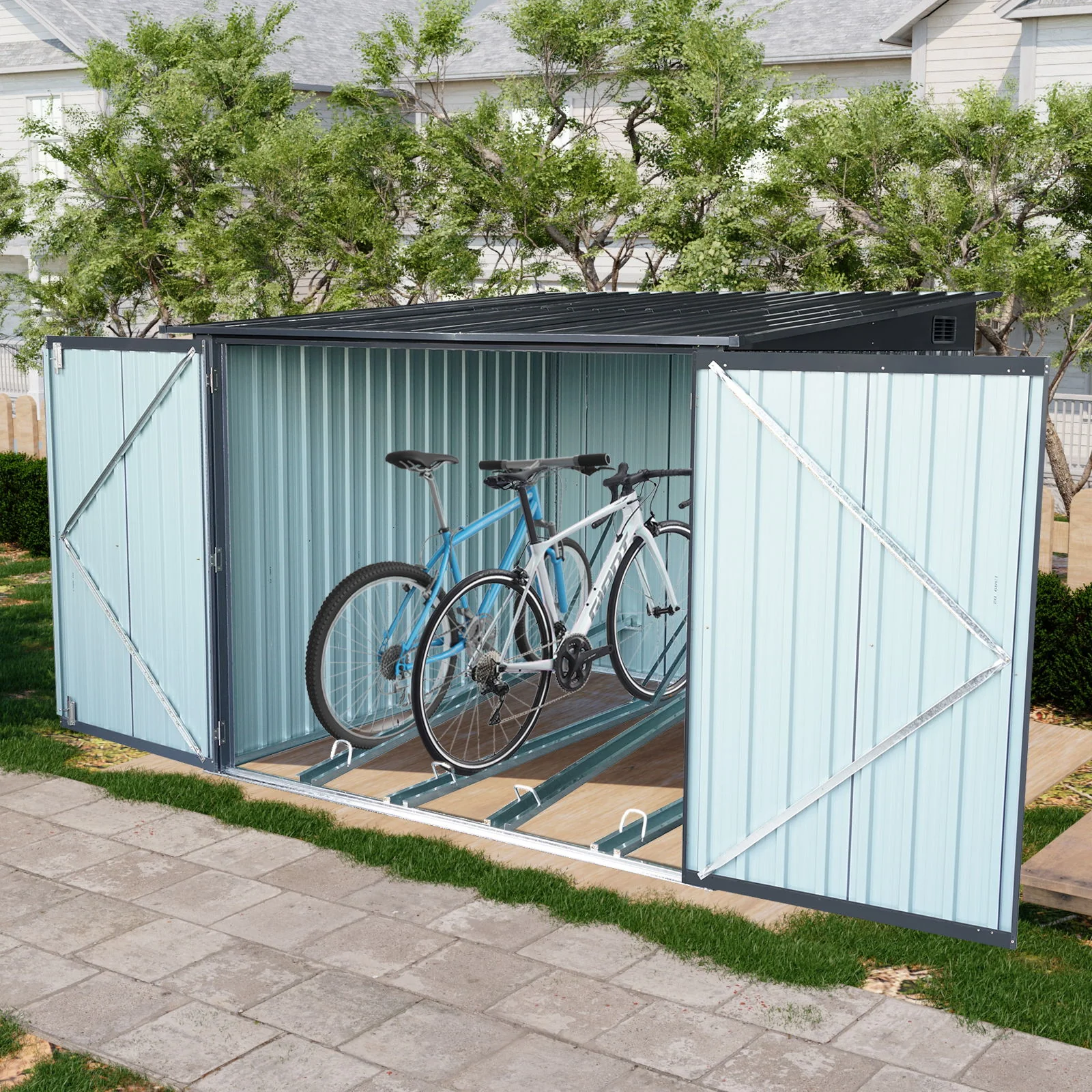 Outdoor Steel Bicycle Storage Shed With Slope Roof 4 Bike Tracks Black - Image 5