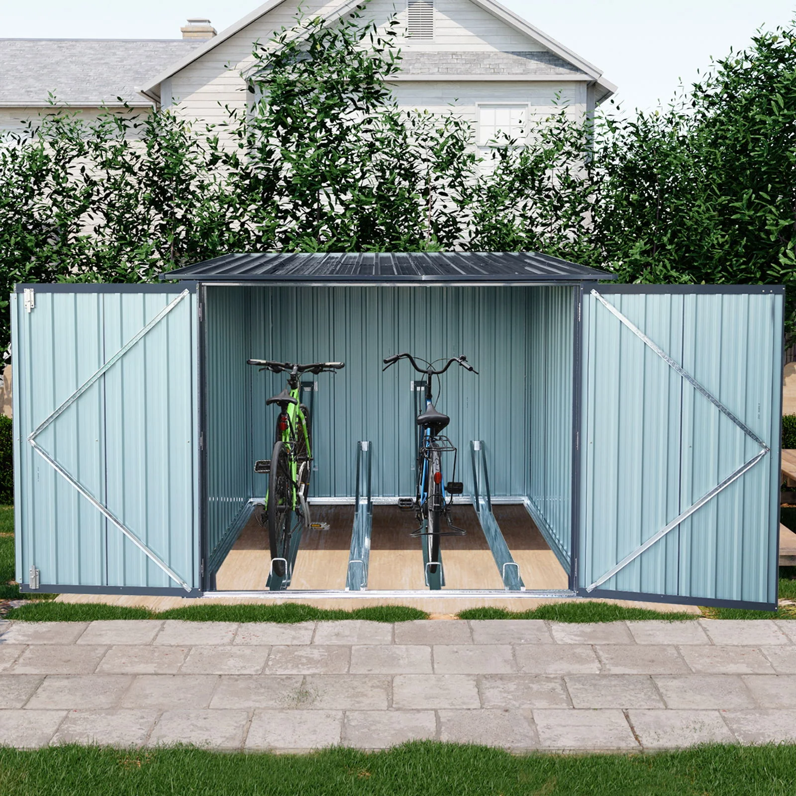 Outdoor Steel Bicycle Storage Shed With Slope Roof 4 Bike Tracks Black - Image 6