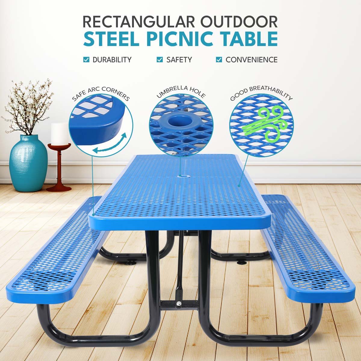 Outdoor Steel Picnic Rectangular Table With Umbrella Pole - Image 11