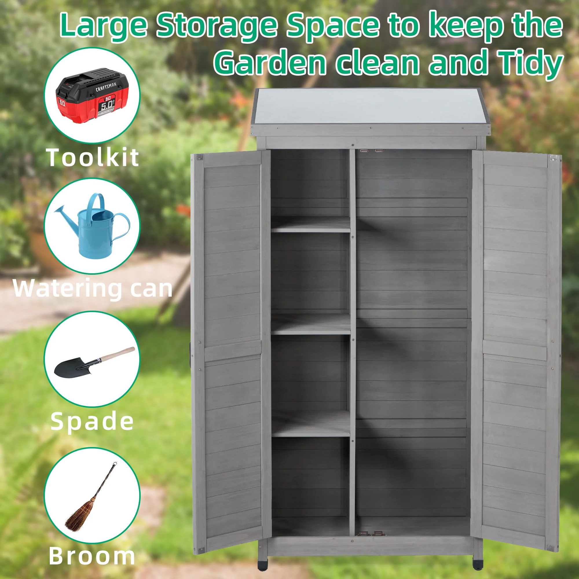 Wood Outdoor Storage Cabinet With Metal Top Garden Shed For Yard And Patio - Gray - Image 2