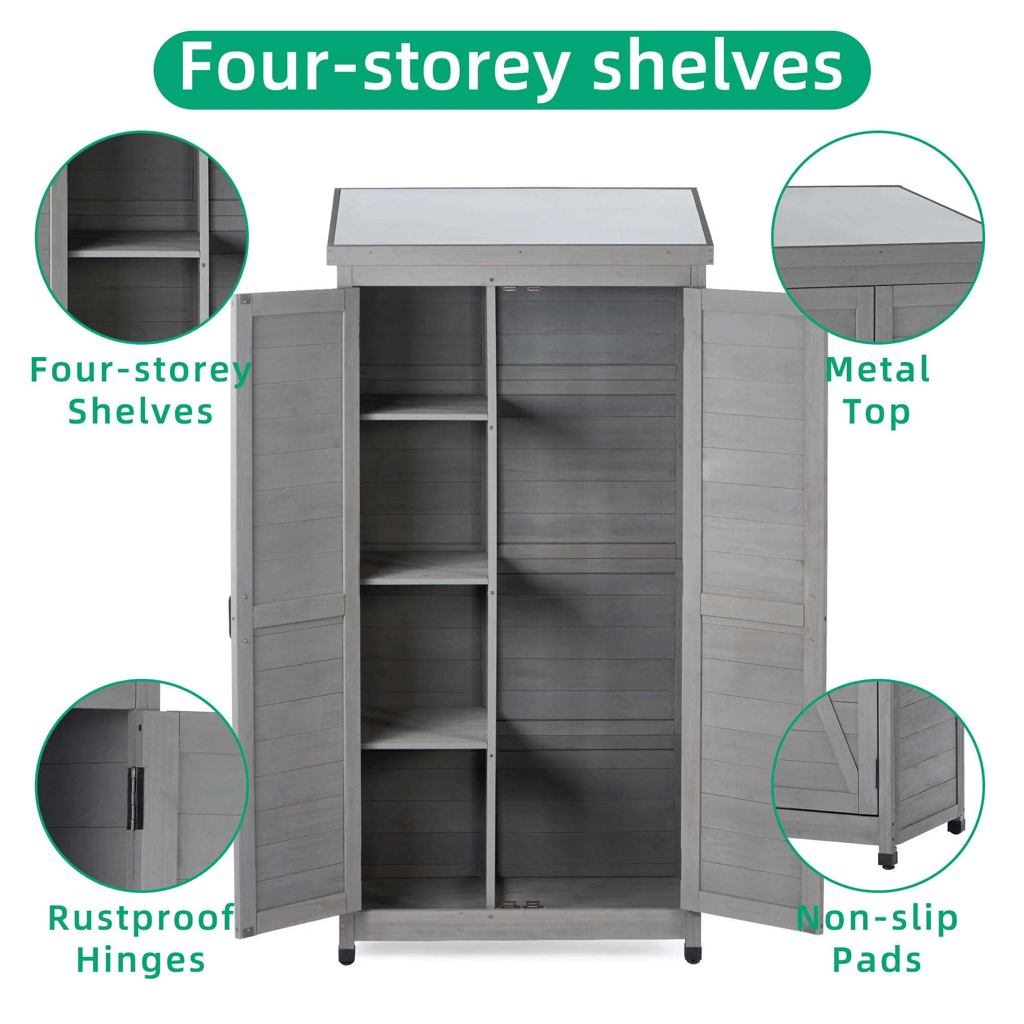 Wood Outdoor Storage Cabinet With Metal Top Garden Shed For Yard And Patio - Gray - Image 4