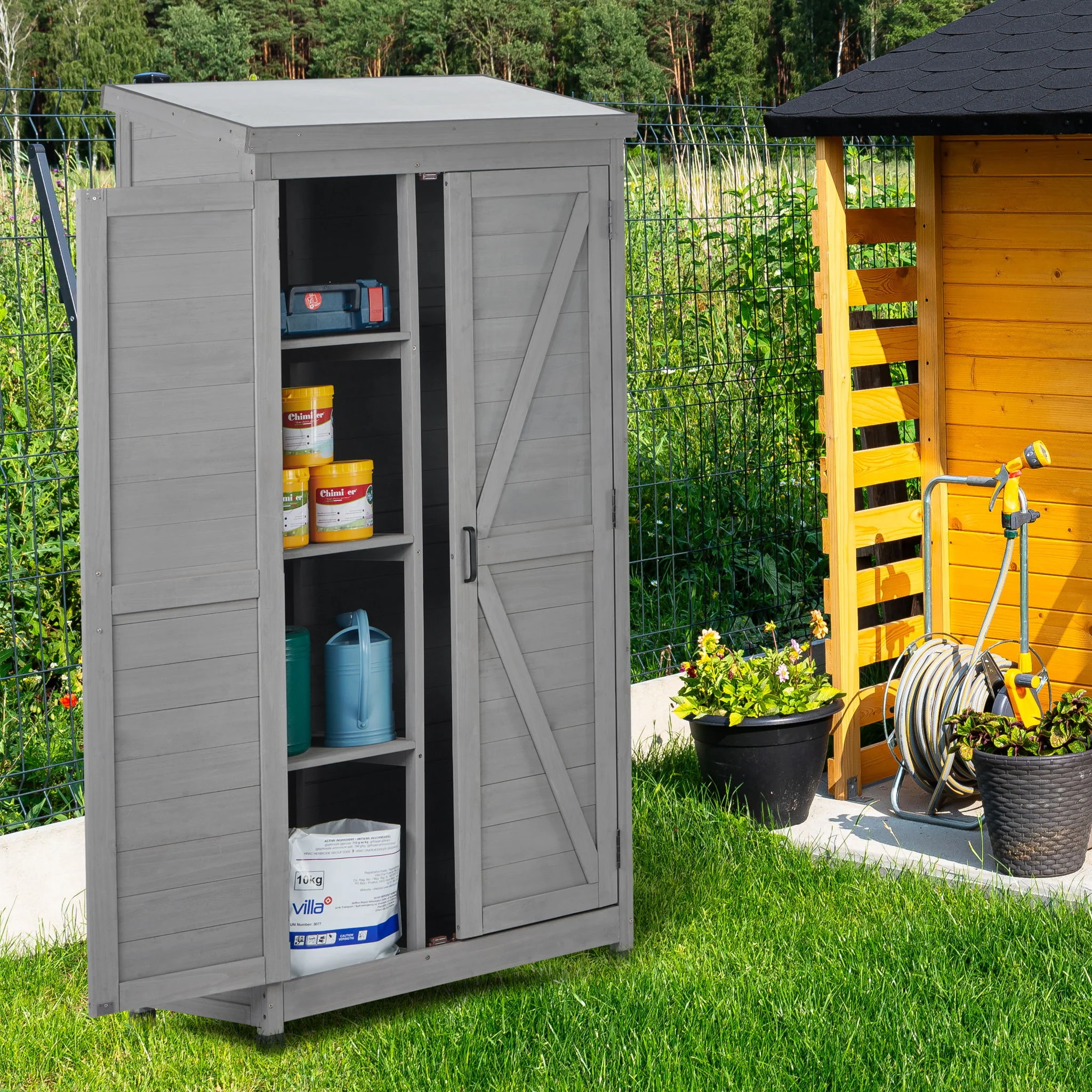 Wood Outdoor Storage Cabinet With Metal Top Garden Shed For Yard And Patio - Gray - Image 5