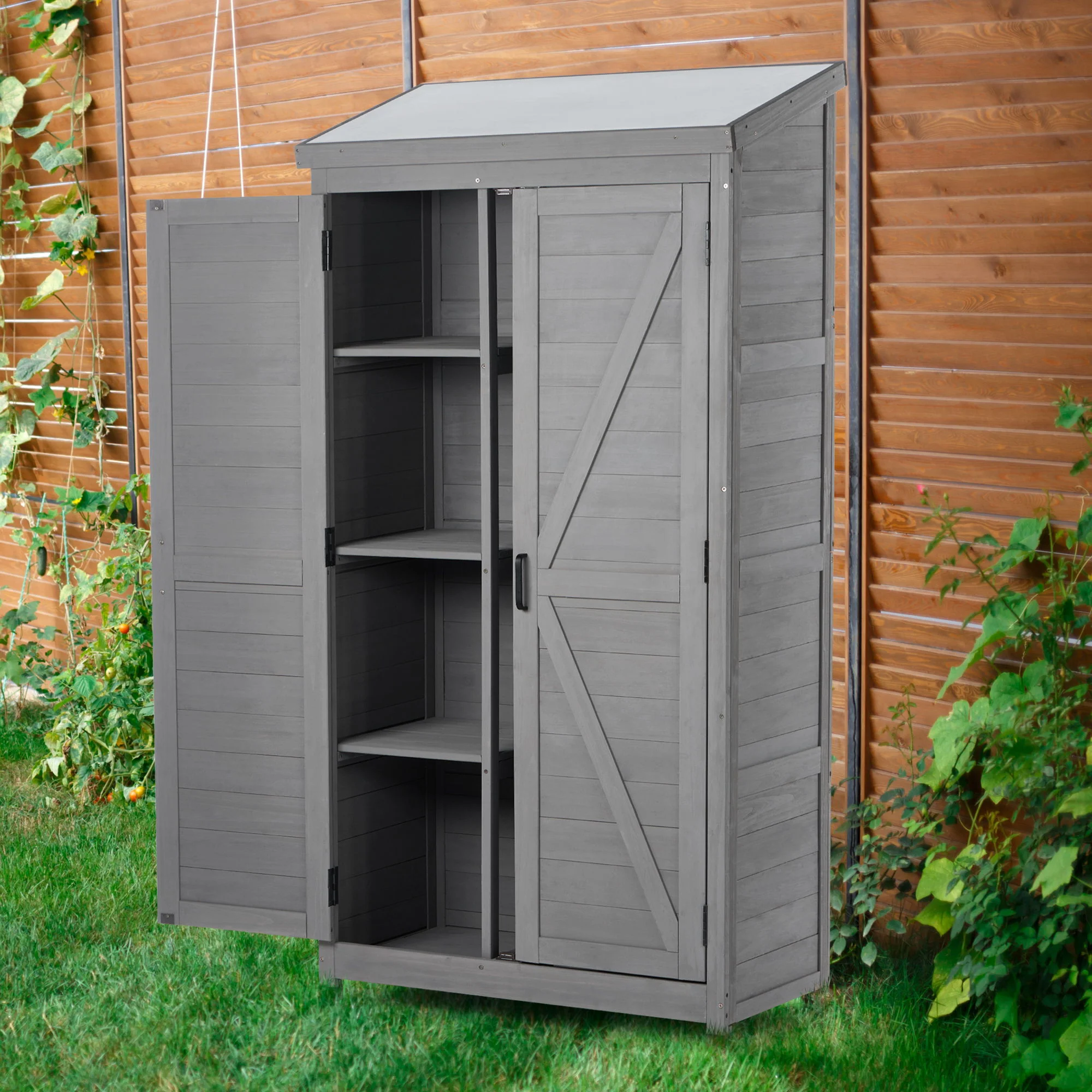 Wood Outdoor Storage Cabinet With Metal Top Garden Shed For Yard And Patio - Gray - Image 7
