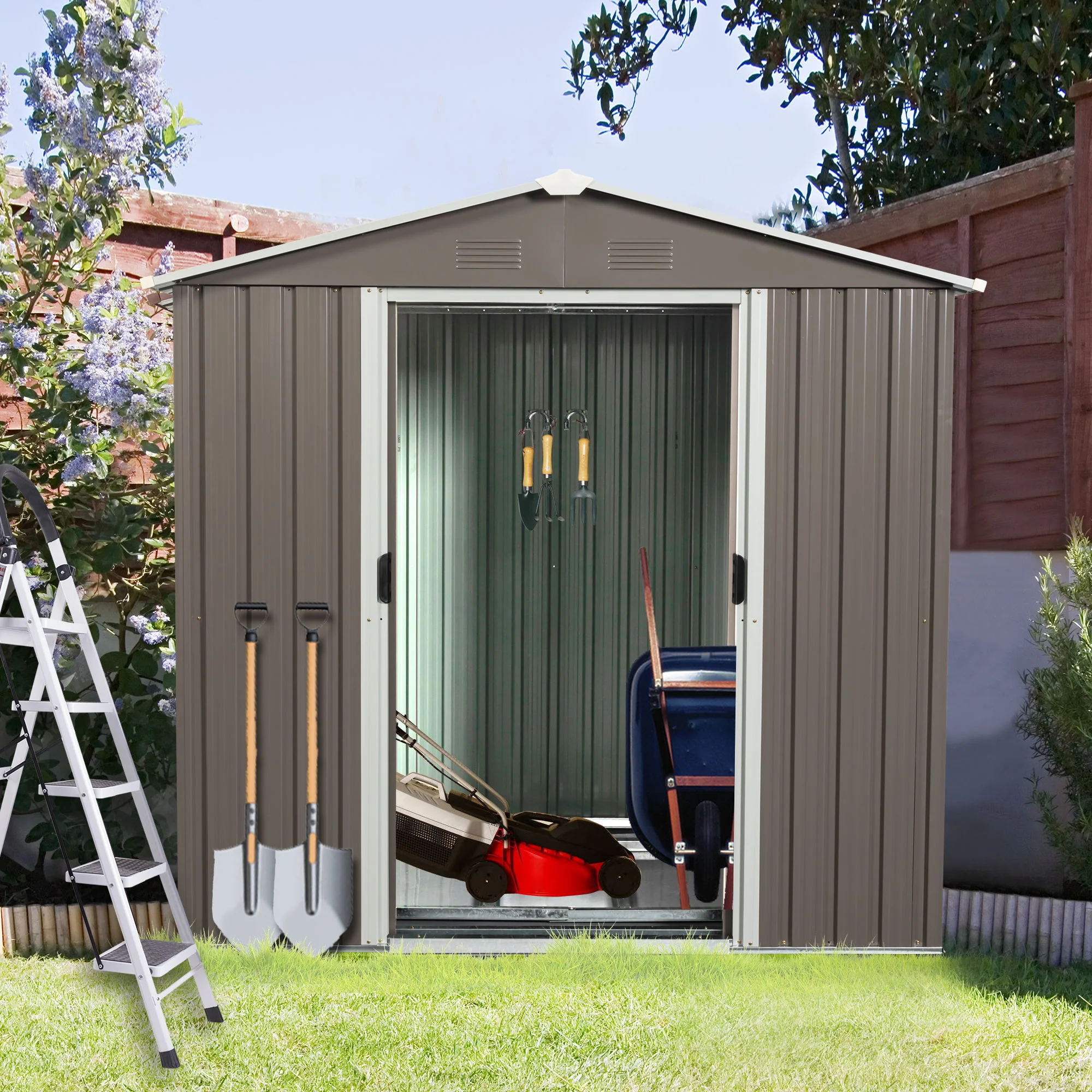 Outdoor Storage Shed Garden Building Heavy Duty Iron 6x5ft Dark Gray - Image 4