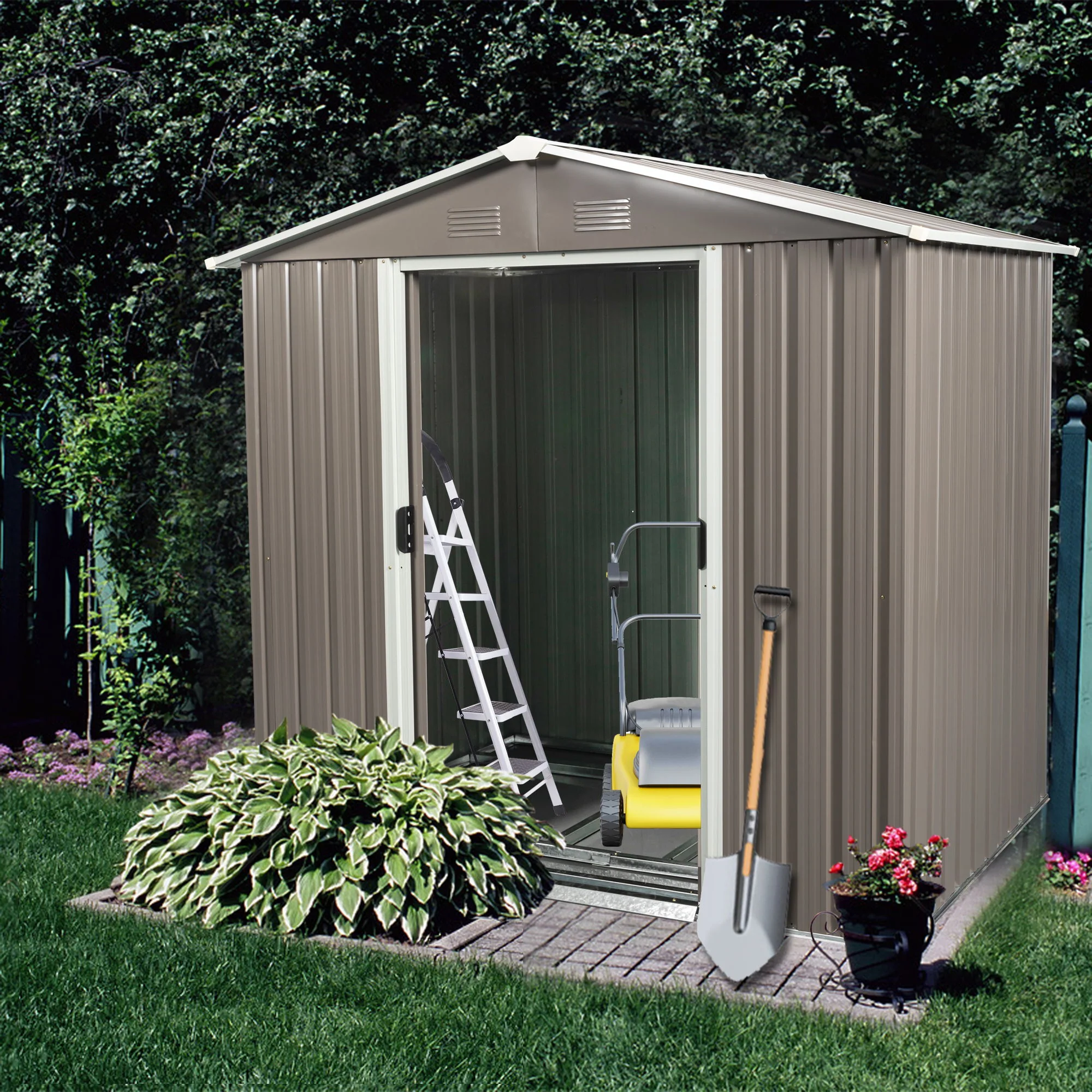 Outdoor Storage Shed Garden Building Heavy Duty Iron 6x5ft Dark Gray - Image 6